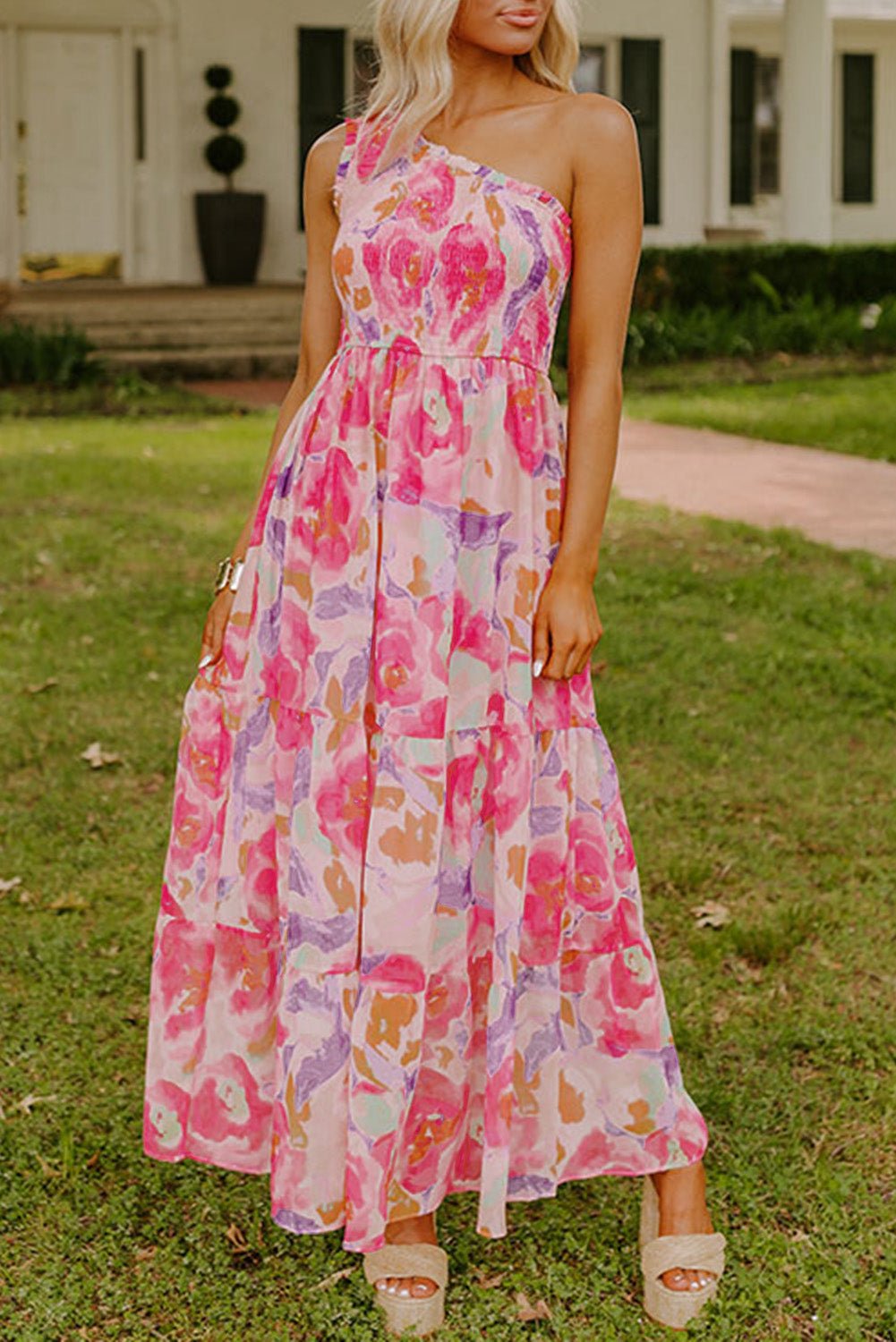 Pink Abstract Floral Print Shirred One Shoulder Maxi Dress - Crowned Energy CO.