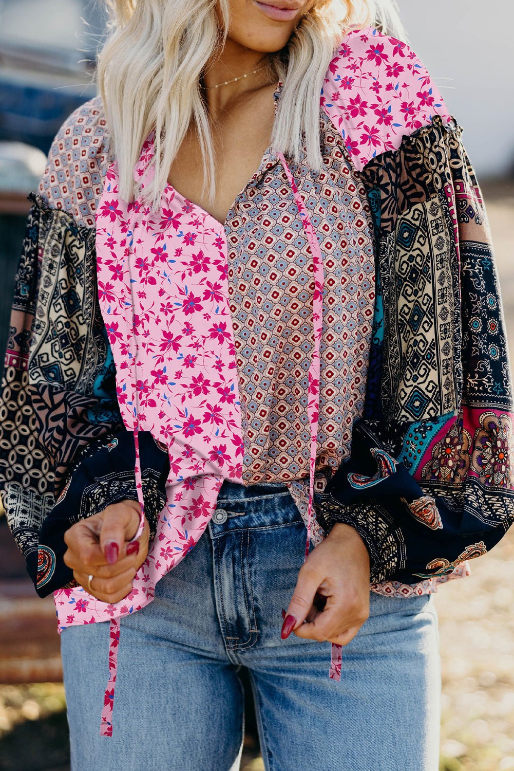 Crowned Energy CO. Pink / S / 100%Polyester Dear-Lover Dropshipping Tops/Blouses & Shirts Pink Boho Mixed Floral Drop Shoulder Bubble Sleeve Blouse