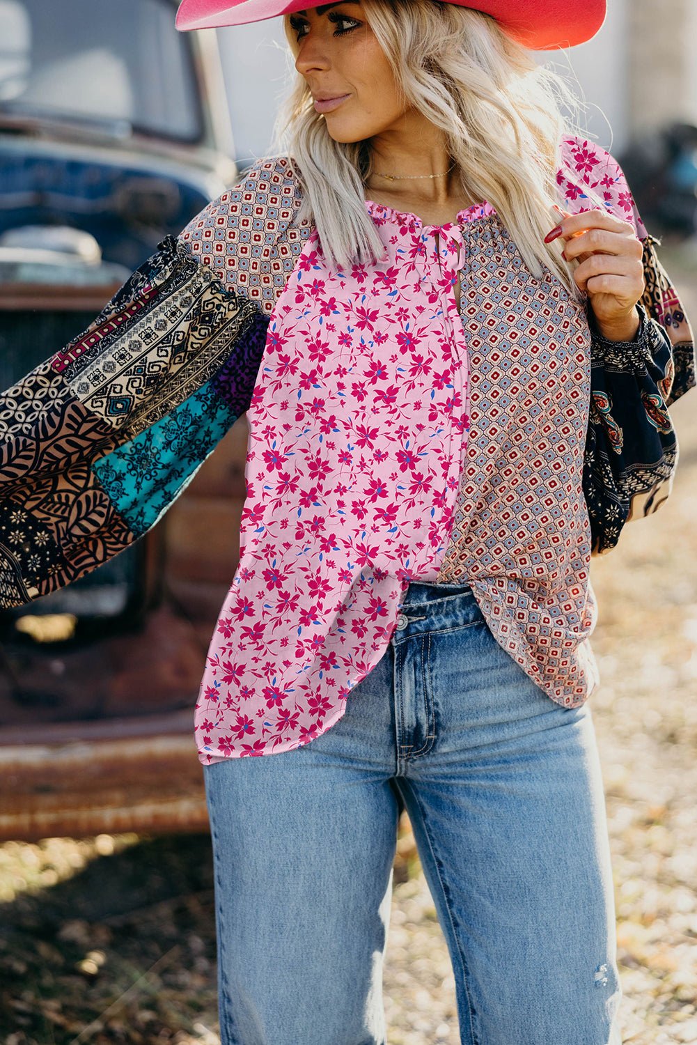Crowned Energy CO. Pink / S / 100%Polyester Dear-Lover Dropshipping Tops/Blouses & Shirts Pink Boho Mixed Floral Drop Shoulder Bubble Sleeve Blouse
