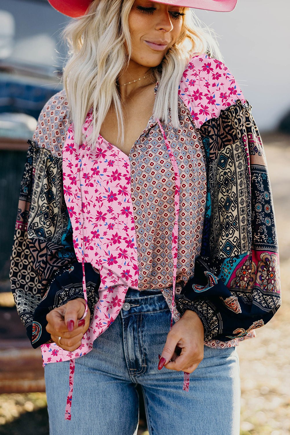 Crowned Energy CO. Pink / S / 100%Polyester Dear-Lover Dropshipping Tops/Blouses & Shirts Pink Boho Mixed Floral Drop Shoulder Bubble Sleeve Blouse