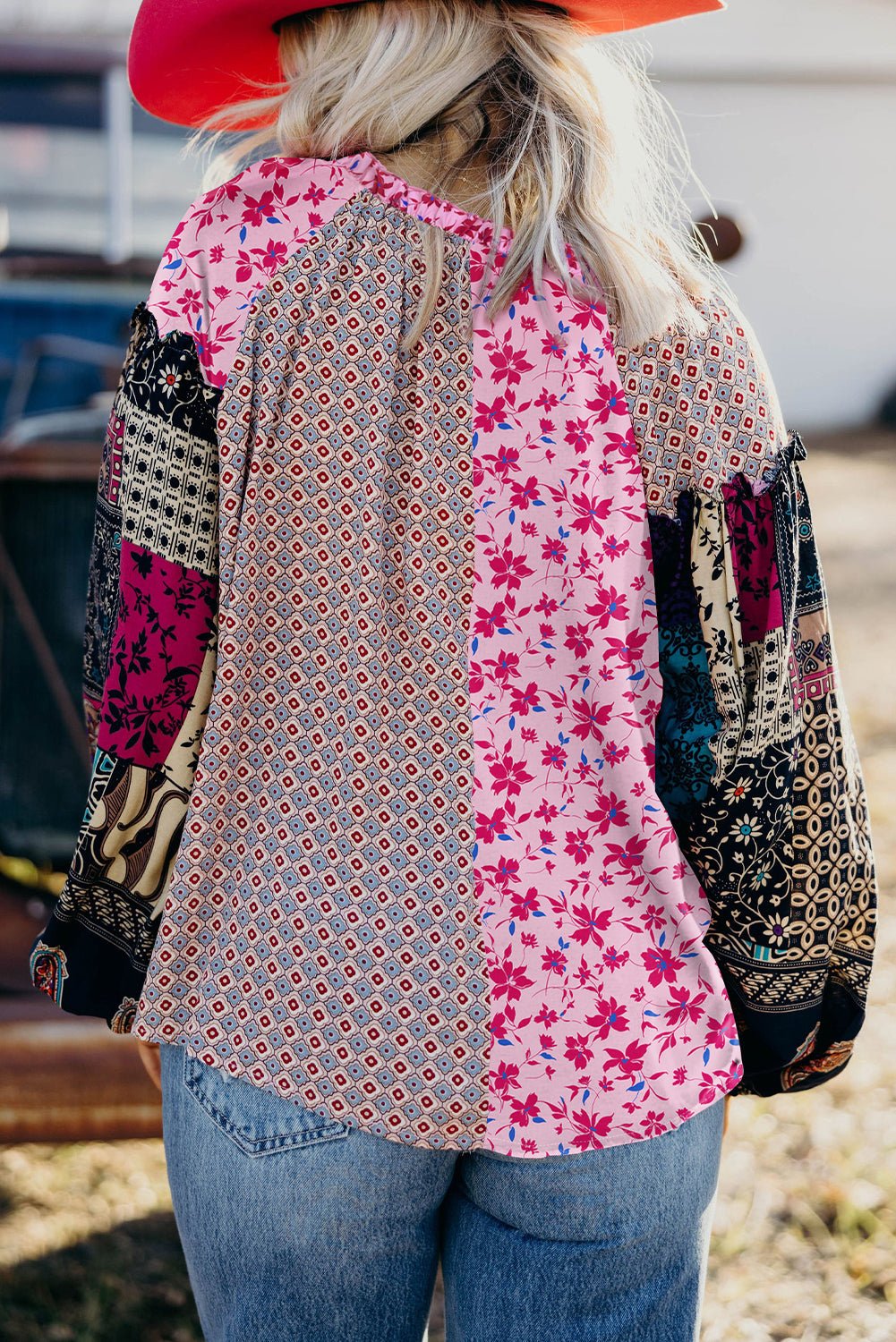 Crowned Energy CO. Pink / S / 100%Polyester Dear-Lover Dropshipping Tops/Blouses & Shirts Pink Boho Mixed Floral Drop Shoulder Bubble Sleeve Blouse