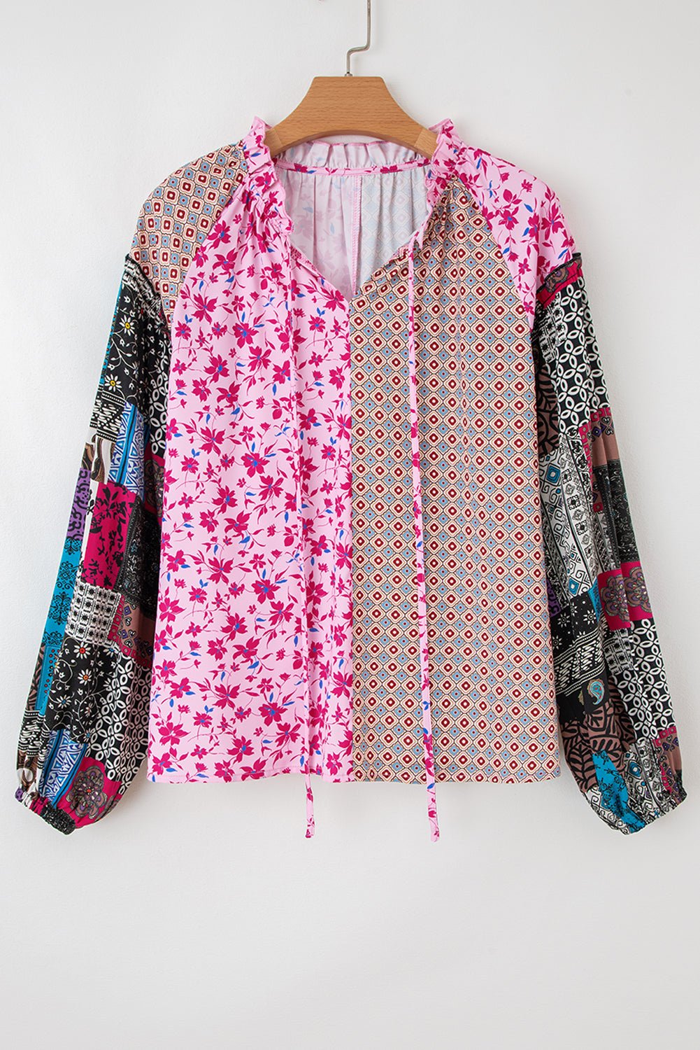Crowned Energy CO. Pink / S / 100%Polyester Dear-Lover Dropshipping Tops/Blouses & Shirts Pink Boho Mixed Floral Drop Shoulder Bubble Sleeve Blouse