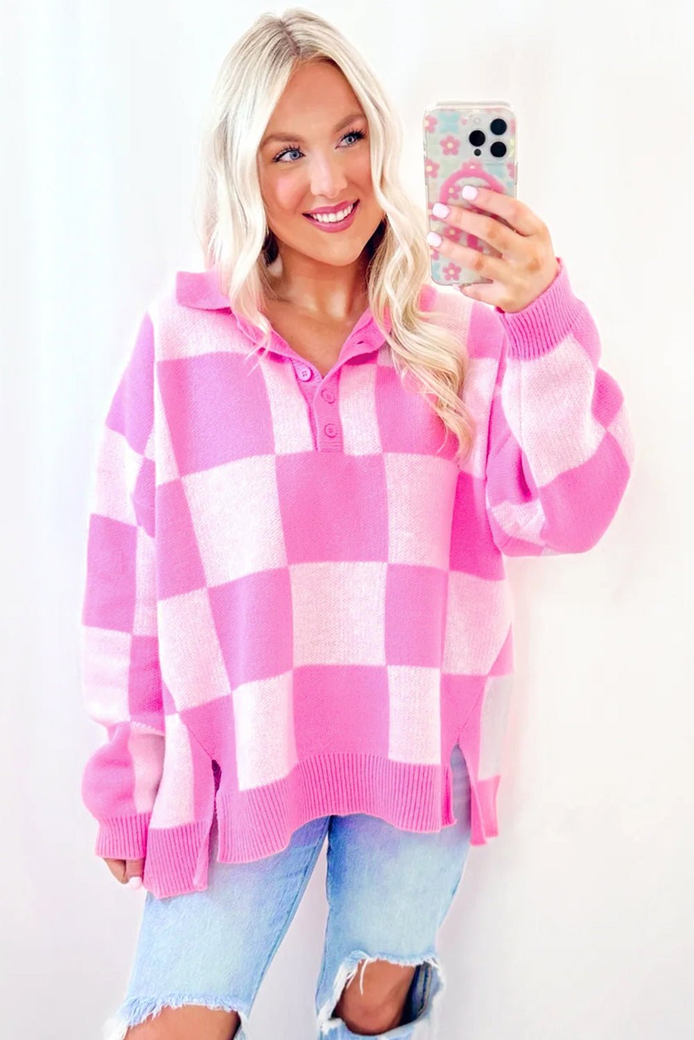 Crowned Energy CO. Pink / S / 50%Viscose+28%Polyester+22%Polyamide Dear-Lover Dropshipping Sweaters & Cardigans/Sweaters Pink Checkerboard Half Button Collared Drop Shoulder Sweater
