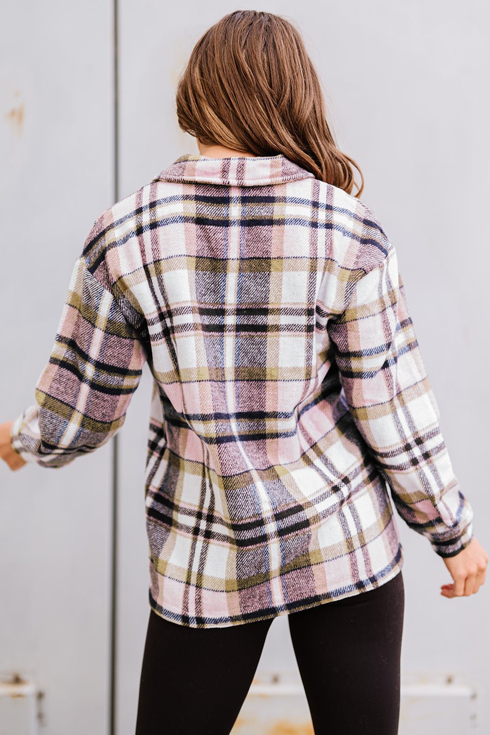 Pink Geometric Plaid Print Pocketed Shacket - Crowned Energy CO.