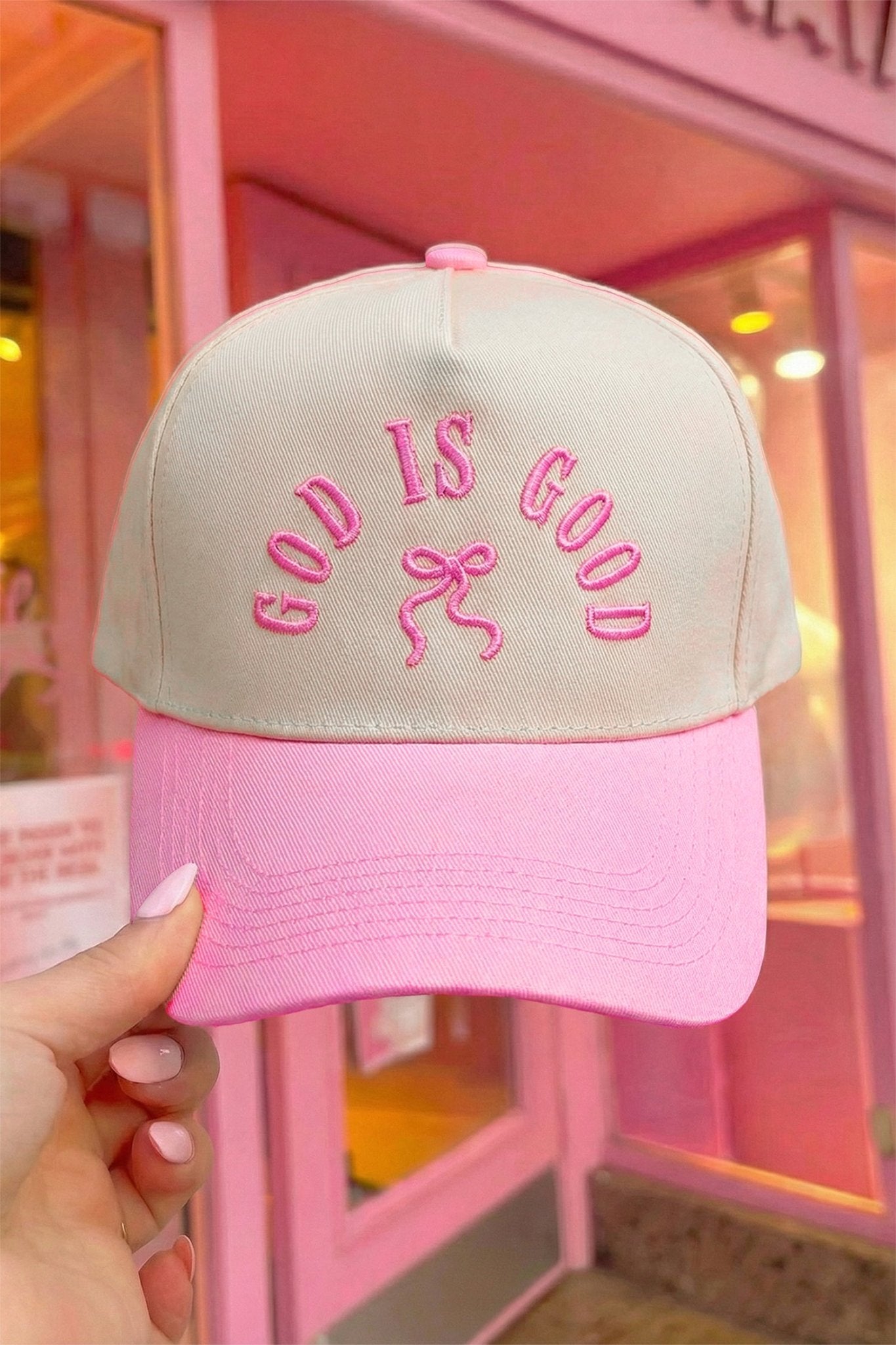 Pink GOD IS GOOD Embroidered Bow Color Block Baseball Cap - Crowned Energy CO.