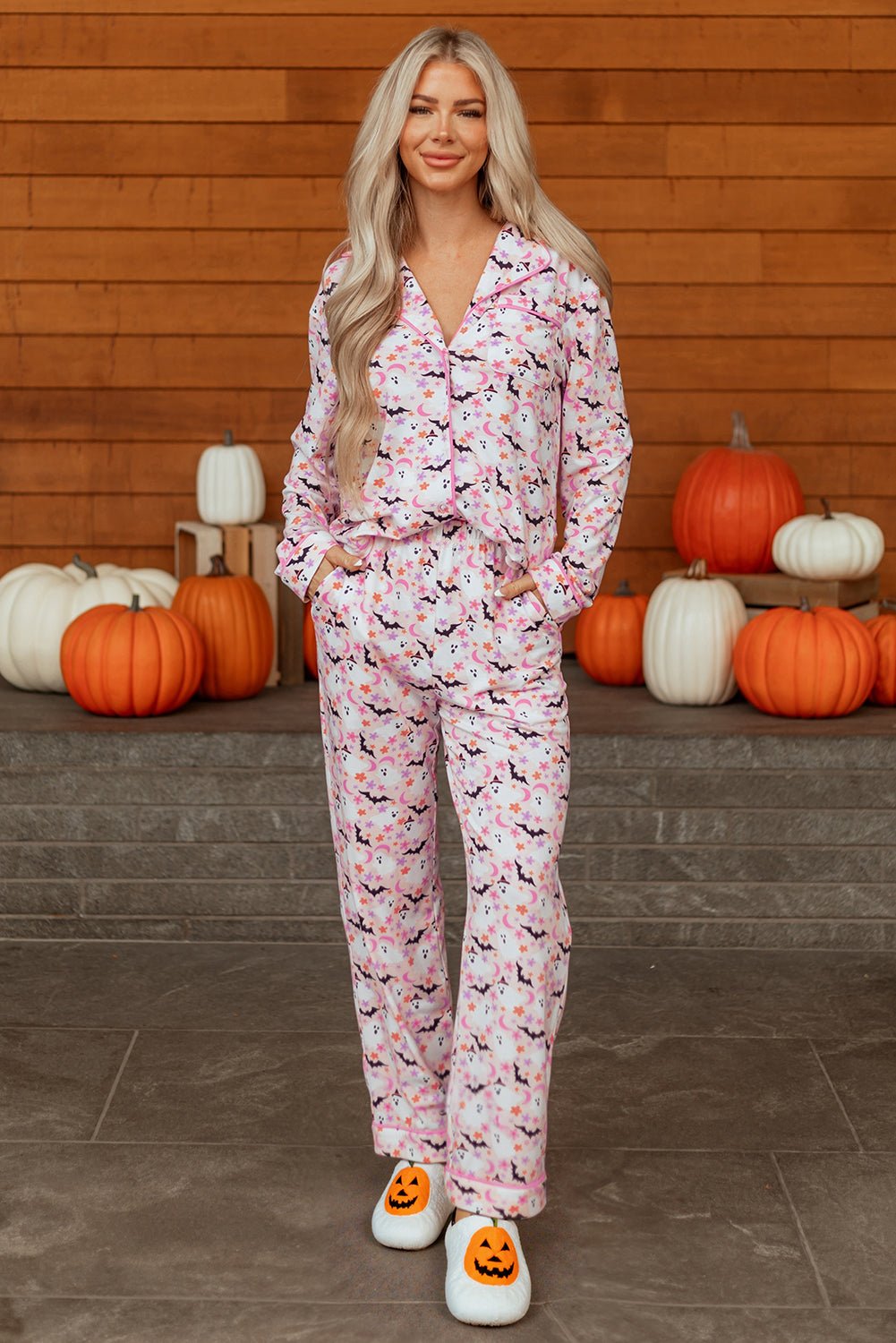 Pink Halloween Eve Haunted Honey Bat Print Pajama Set - Crowned Energy CO.