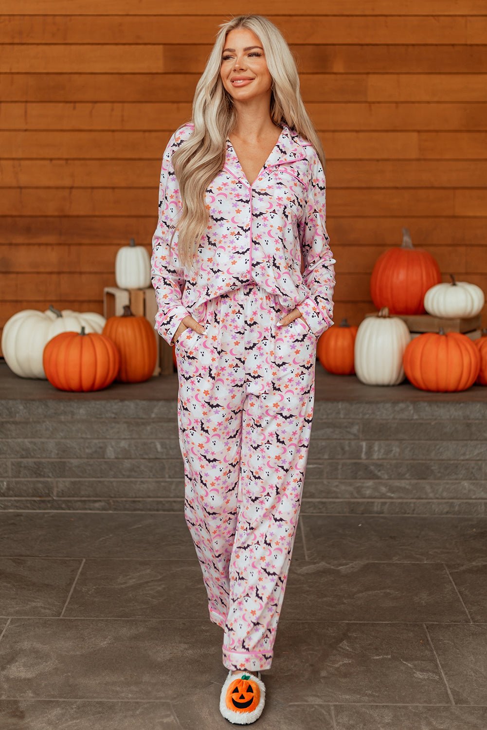 Pink Halloween Eve Haunted Honey Bat Print Pajama Set - Crowned Energy CO.