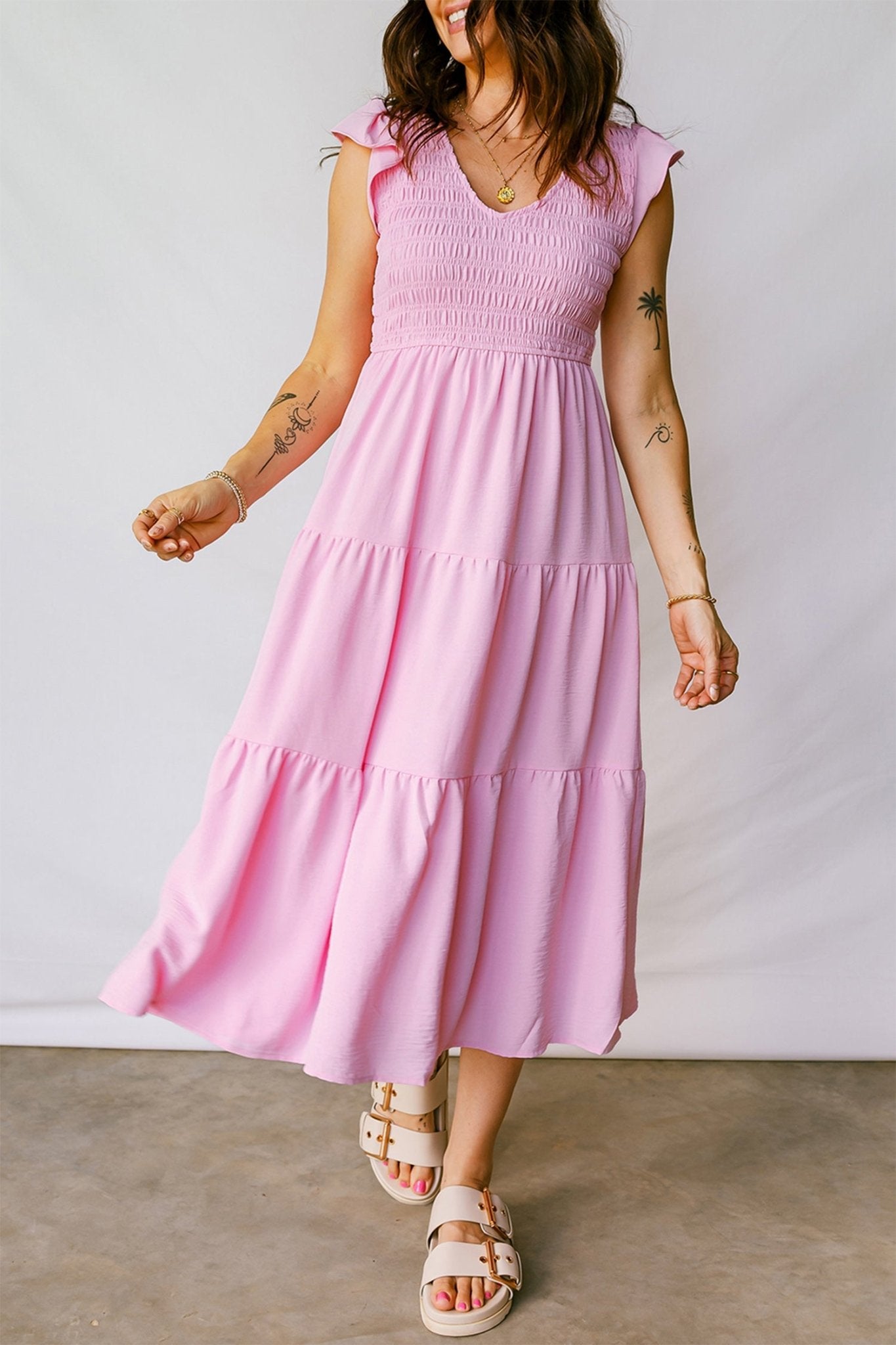 Pink Smocked Bodice Flutter Sleeve Fit Flare Tiered Midi Dress - Crowned Energy CO.