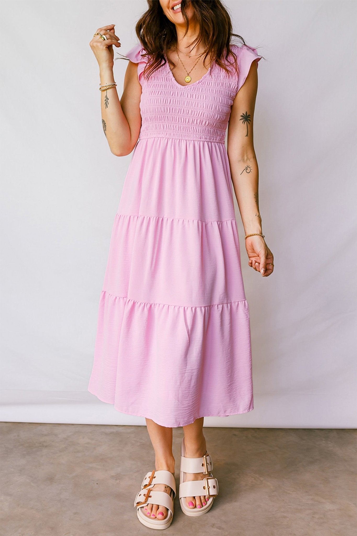 Pink Smocked Bodice Flutter Sleeve Fit Flare Tiered Midi Dress - Crowned Energy CO.