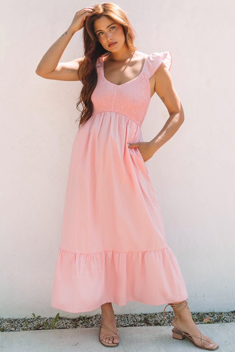 Pink V Neck Flutter Sleeve Smocked Bodice High Waist Ruffle Maxi Dress - Crowned Energy CO.
