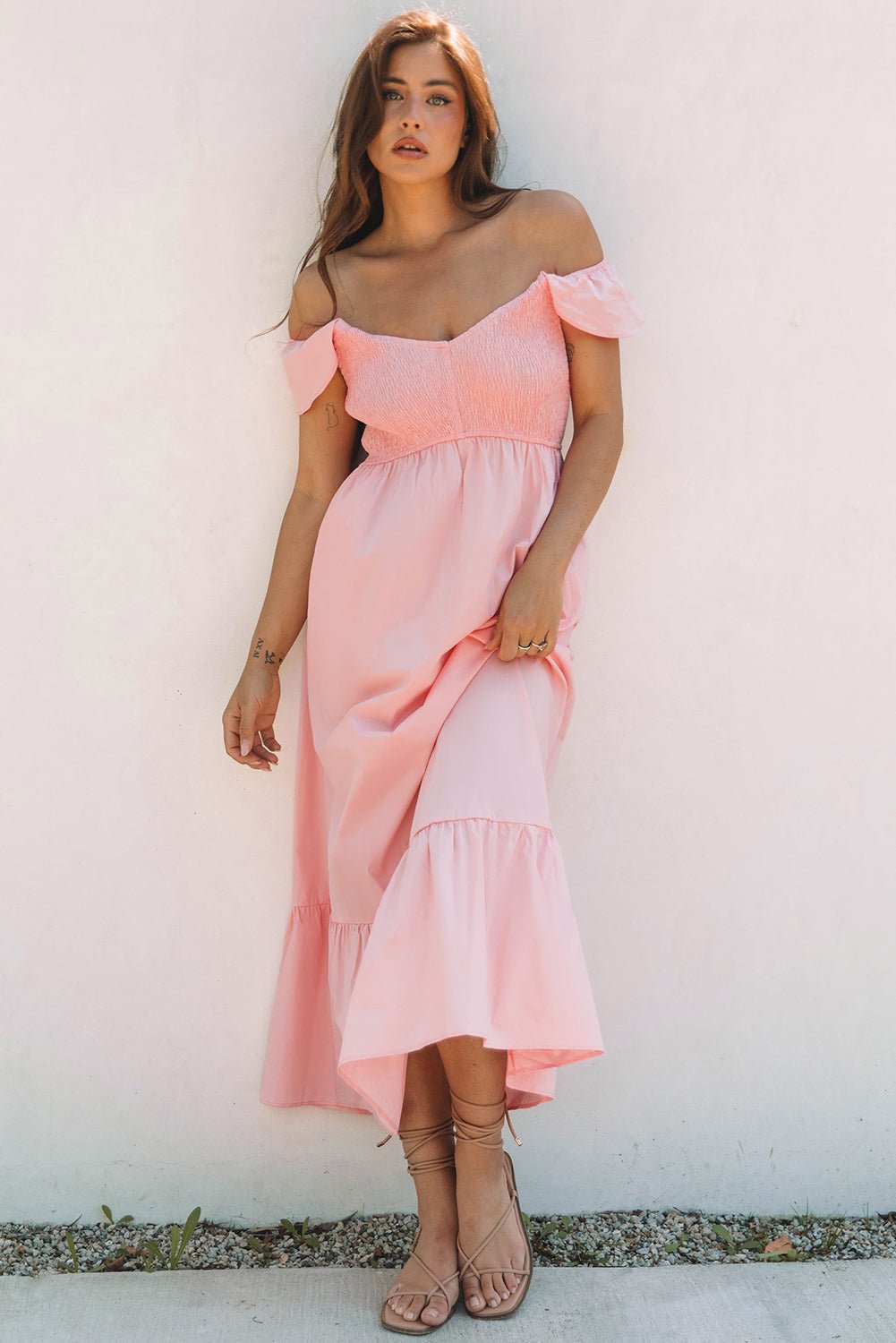 Pink V Neck Flutter Sleeve Smocked Bodice High Waist Ruffle Maxi Dress - Crowned Energy CO.