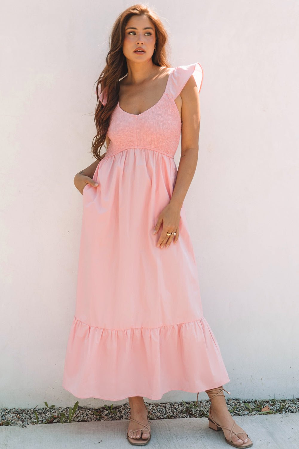 Pink V Neck Flutter Sleeve Smocked Bodice High Waist Ruffle Maxi Dress - Crowned Energy CO.