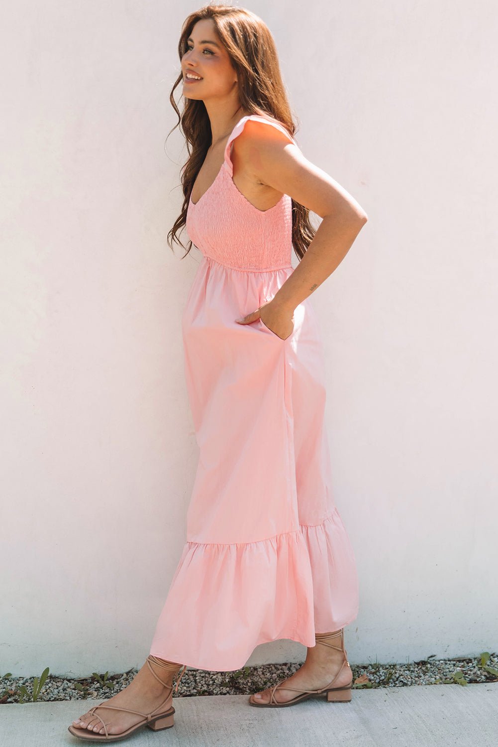 Pink V Neck Flutter Sleeve Smocked Bodice High Waist Ruffle Maxi Dress - Crowned Energy CO.