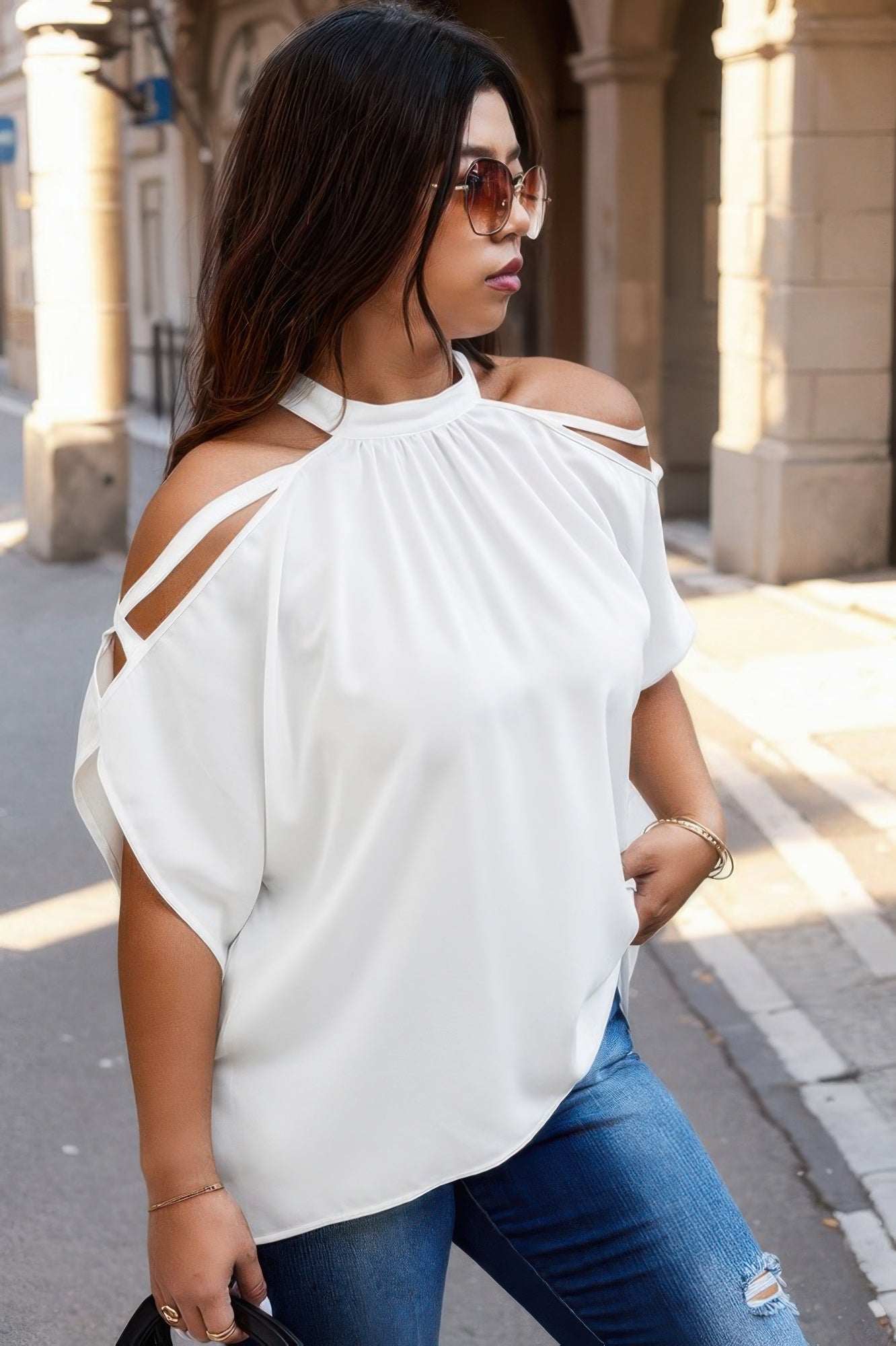 Crowned Energy CO. White / 0xl CCWHOLESALECLOTHING Halter Goddess Flow Halter Top – Plus Size Off-Shoulder Batwing Sleeve Blouse