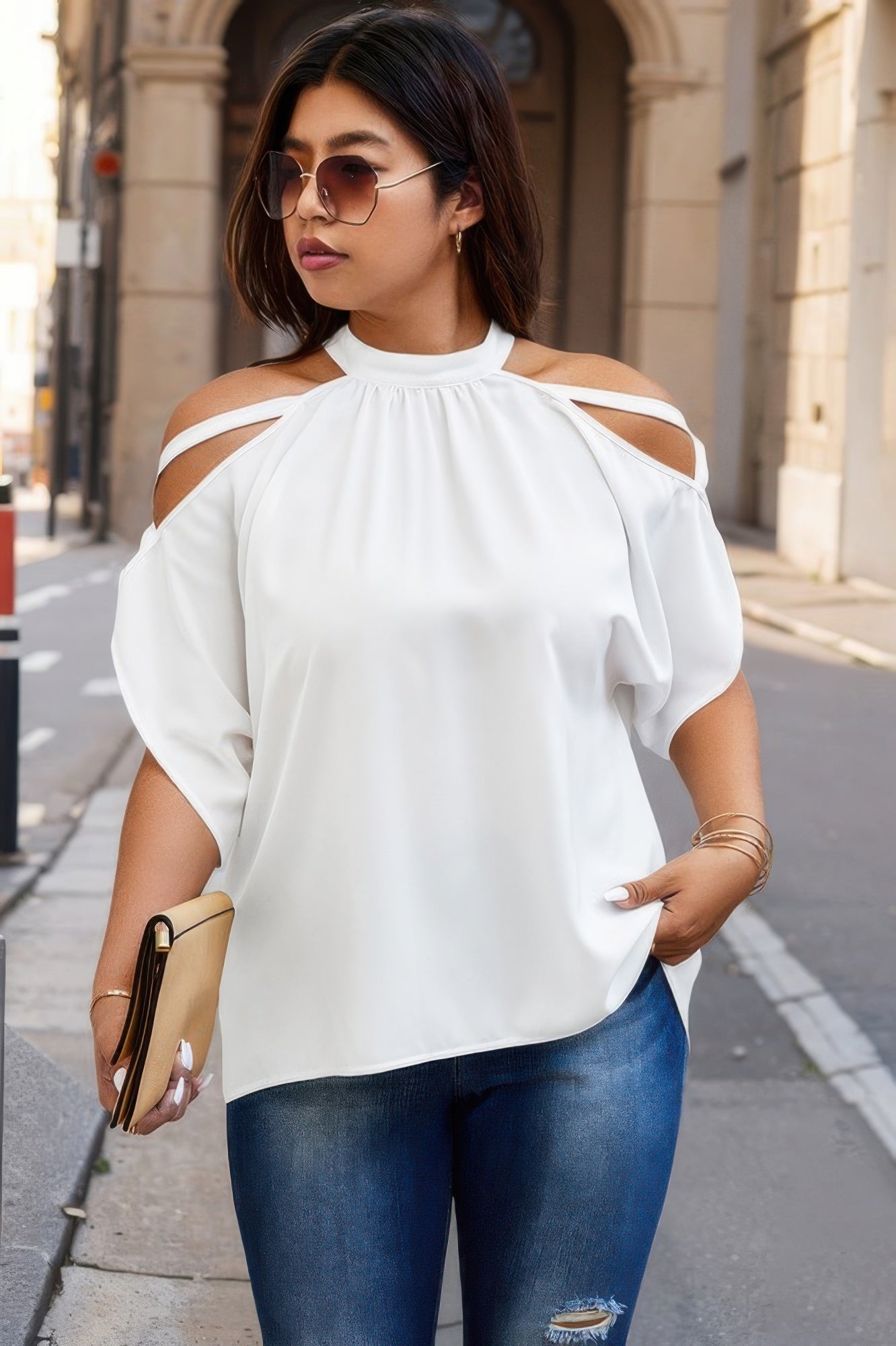 Crowned Energy CO. White / 0xl CCWHOLESALECLOTHING Halter Goddess Flow Halter Top – Plus Size Off-Shoulder Batwing Sleeve Blouse