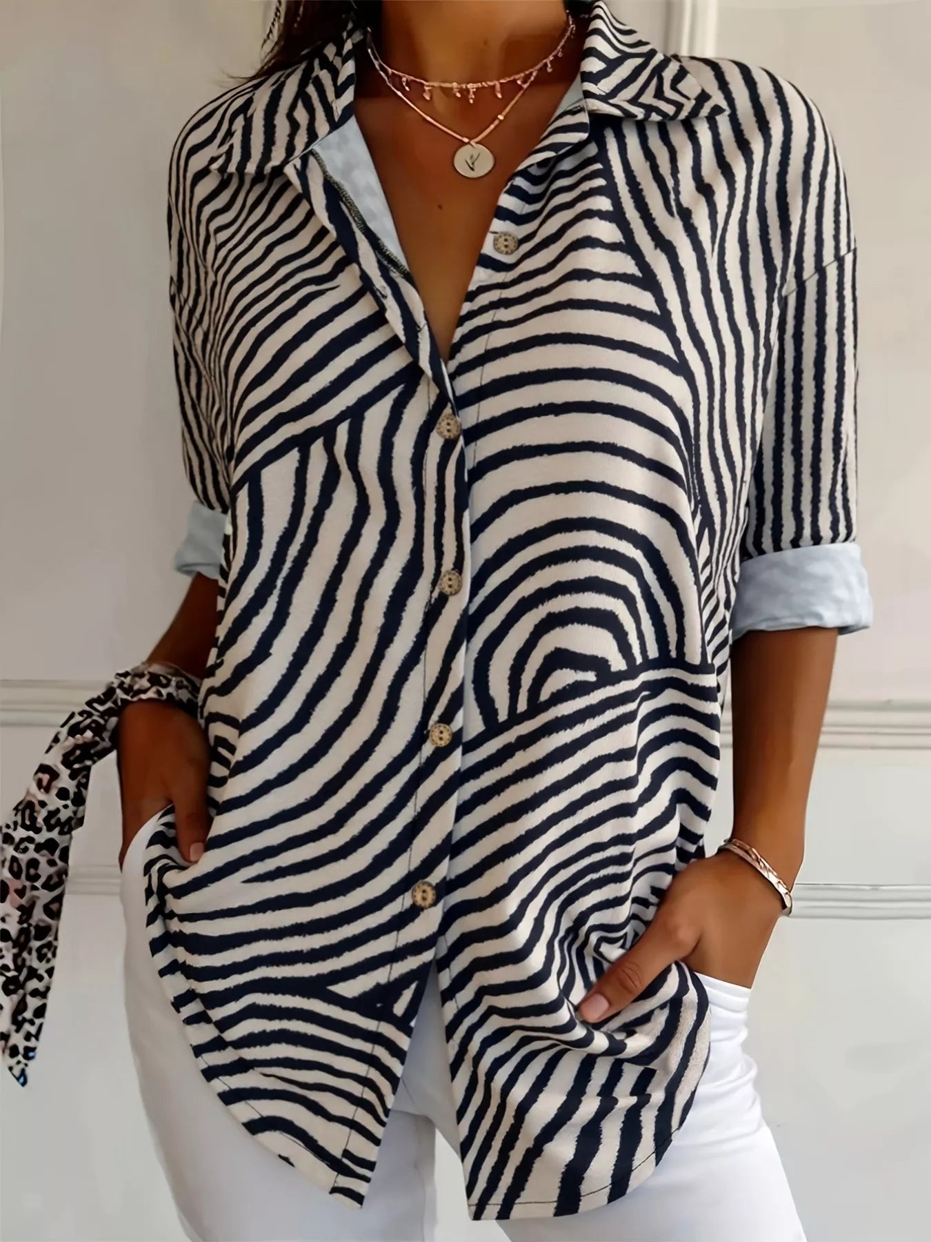 Plus Size Abstract Zebra Print Button - Down Shirt - Crowned Energy CO.