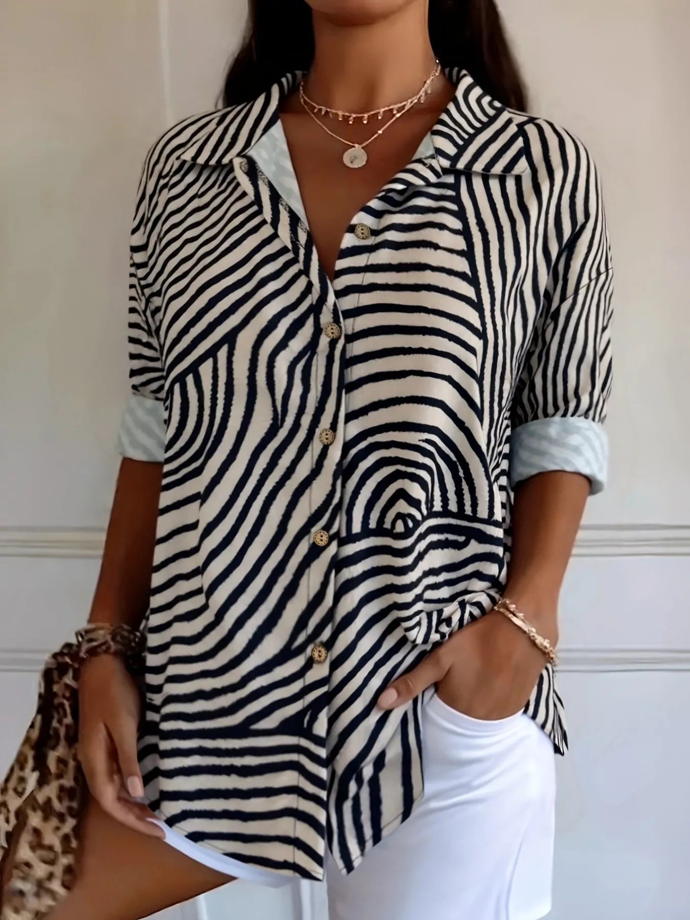 Plus Size Abstract Zebra Print Button - Down Shirt - Crowned Energy CO.