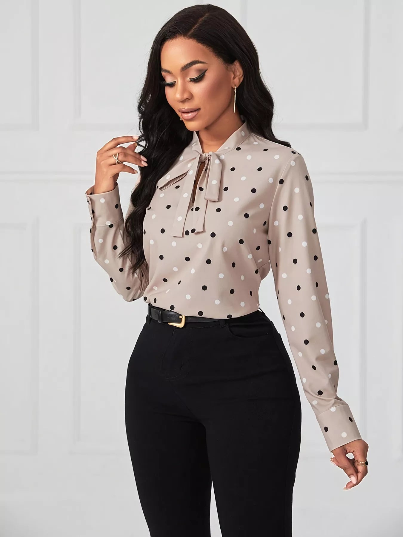 Polka Dot Tie Neck Blouse - Crowned Energy CO.