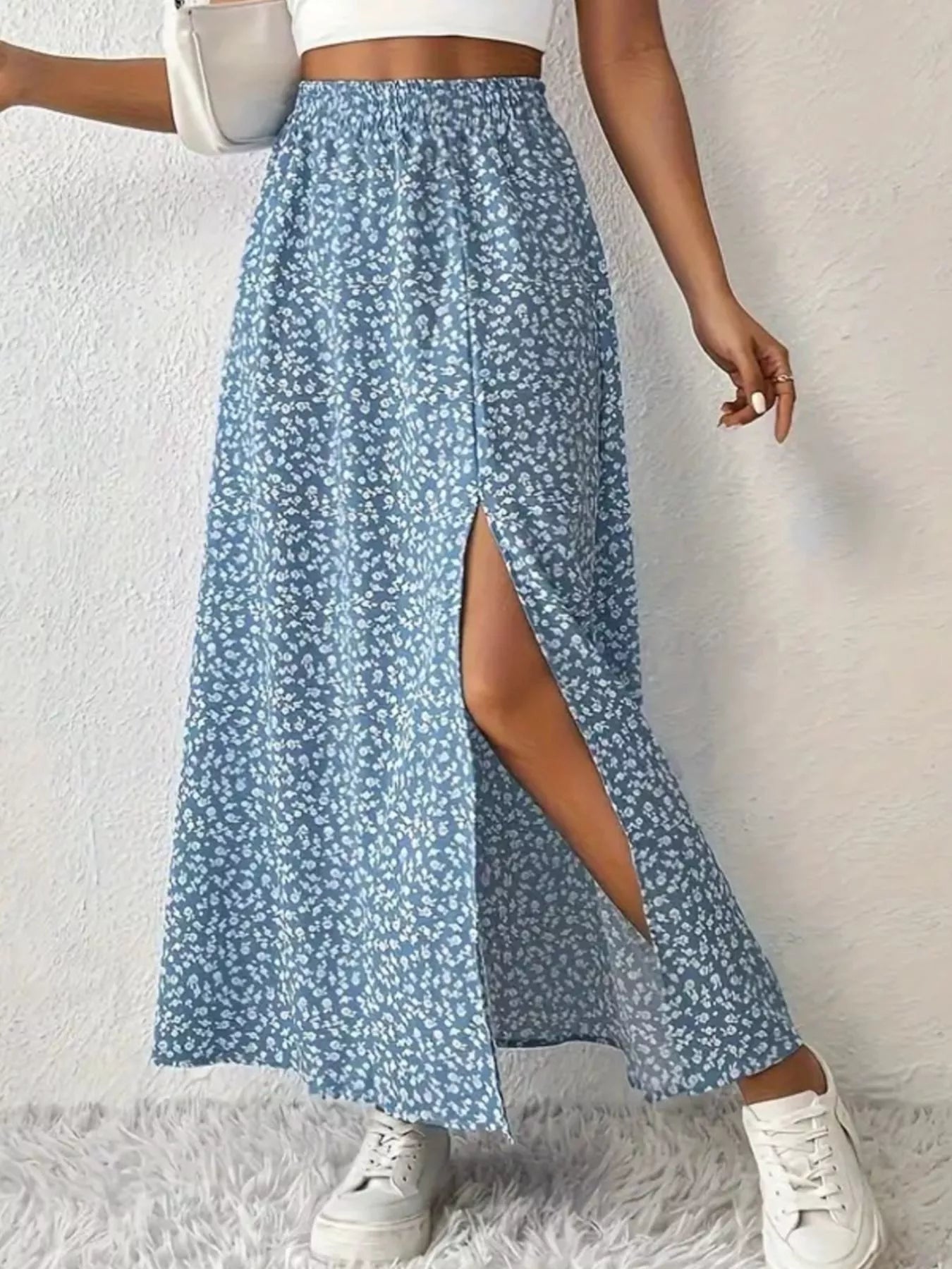 Printed Midi Skirt With Slit – Lightweight Polyester - Crowned Energy CO.
