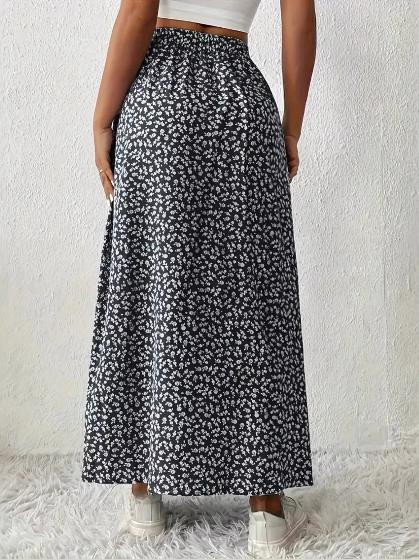 Printed Midi Skirt With Slit – Lightweight Polyester - Crowned Energy CO.