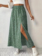 Printed Midi Skirt With Slit – Lightweight Polyester - Crowned Energy CO.