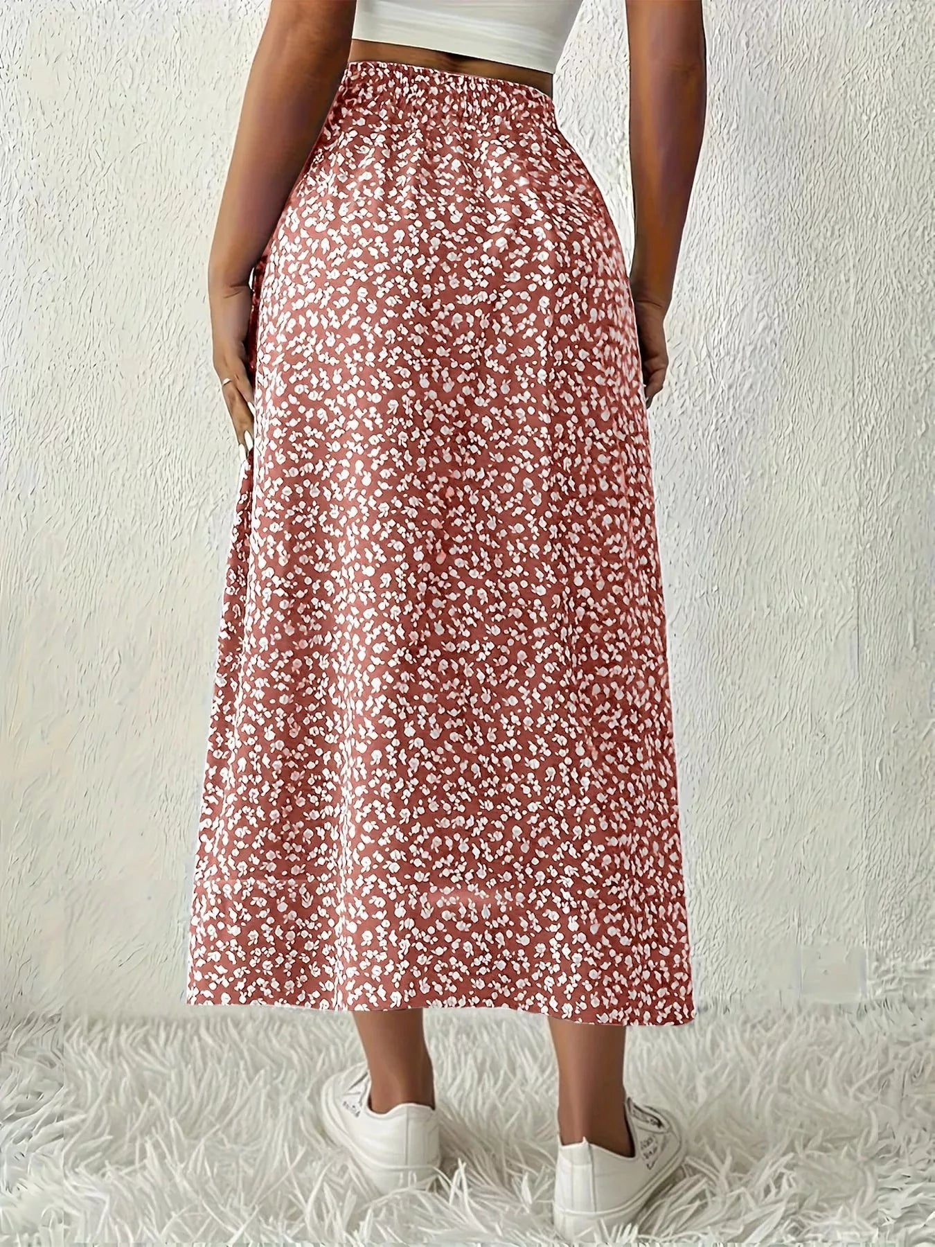 Printed Midi Skirt With Slit – Lightweight Polyester - Crowned Energy CO.