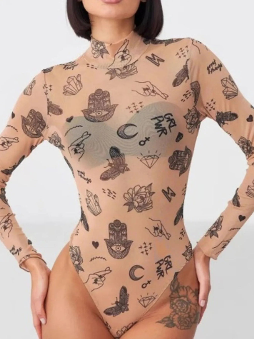 Printed Mock Neck Long Sleeve Bodysuit - Crowned Energy CO.