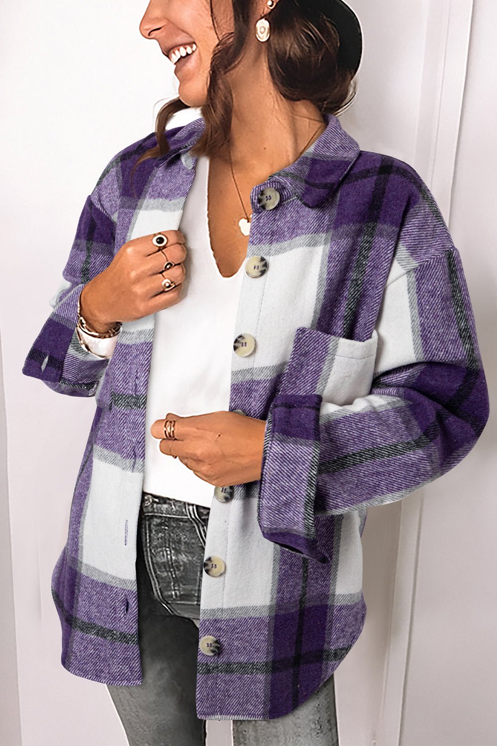 Crowned Energy CO. Purple / S / 95%Polyester+5%Spandex Dear-Lover Dropshipping Outerwear/Plaid Shackets Purple Plaid Color Block Buttoned Long Sleeve Jacket with Pocket
