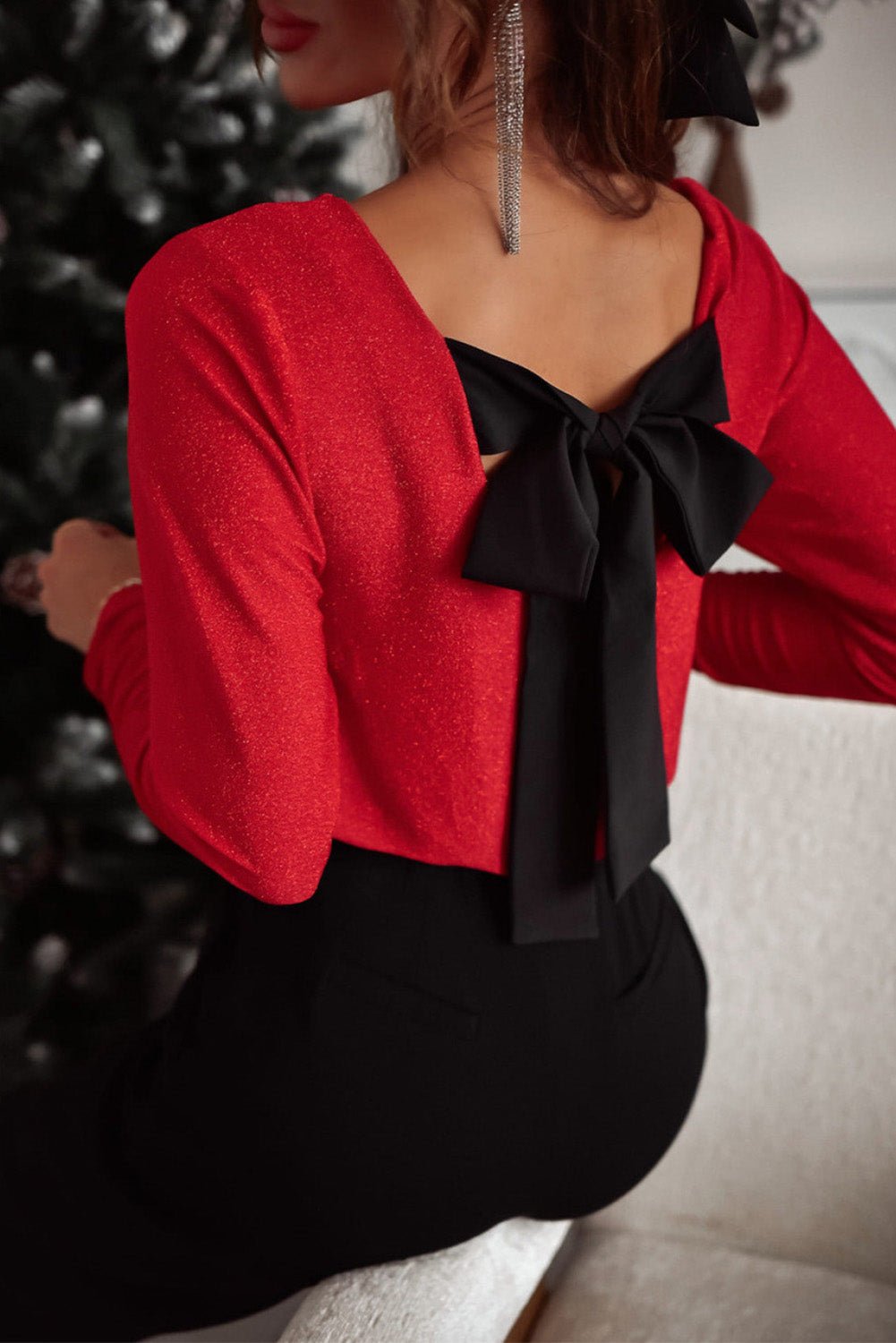 Crowned Energy CO. Racing Red / S / 71.5%Polyamide+23.9%Metallized fibres+4.6%Elastane Dear-Lover Dropshipping Tops/Long Sleeve Tops Racing Red Metallic Bowknot Open Back V Neck Top
