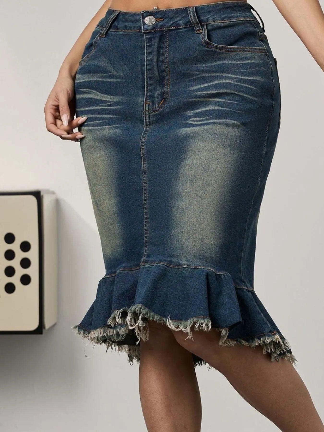 Raw Hem Mermaid Denim Skirt With Pockets - Crowned Energy CO.