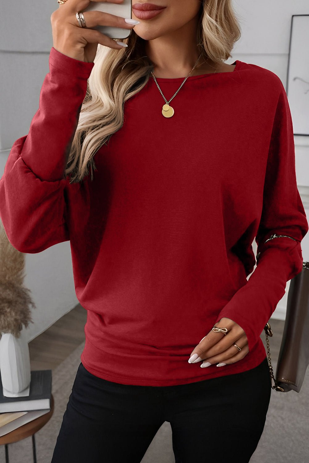Red Dahlia Solid Color Extended Cuffs Long Sleeve Top - Crowned Energy CO.
