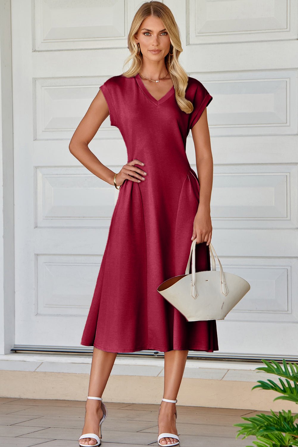 Red Dahlia Solid Color V Neck Pleated Flared Midi Dress - Crowned Energy CO.