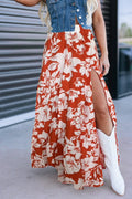 Red High Split Floral Western Cowgirl Maxi Skirt - Crowned Energy CO.