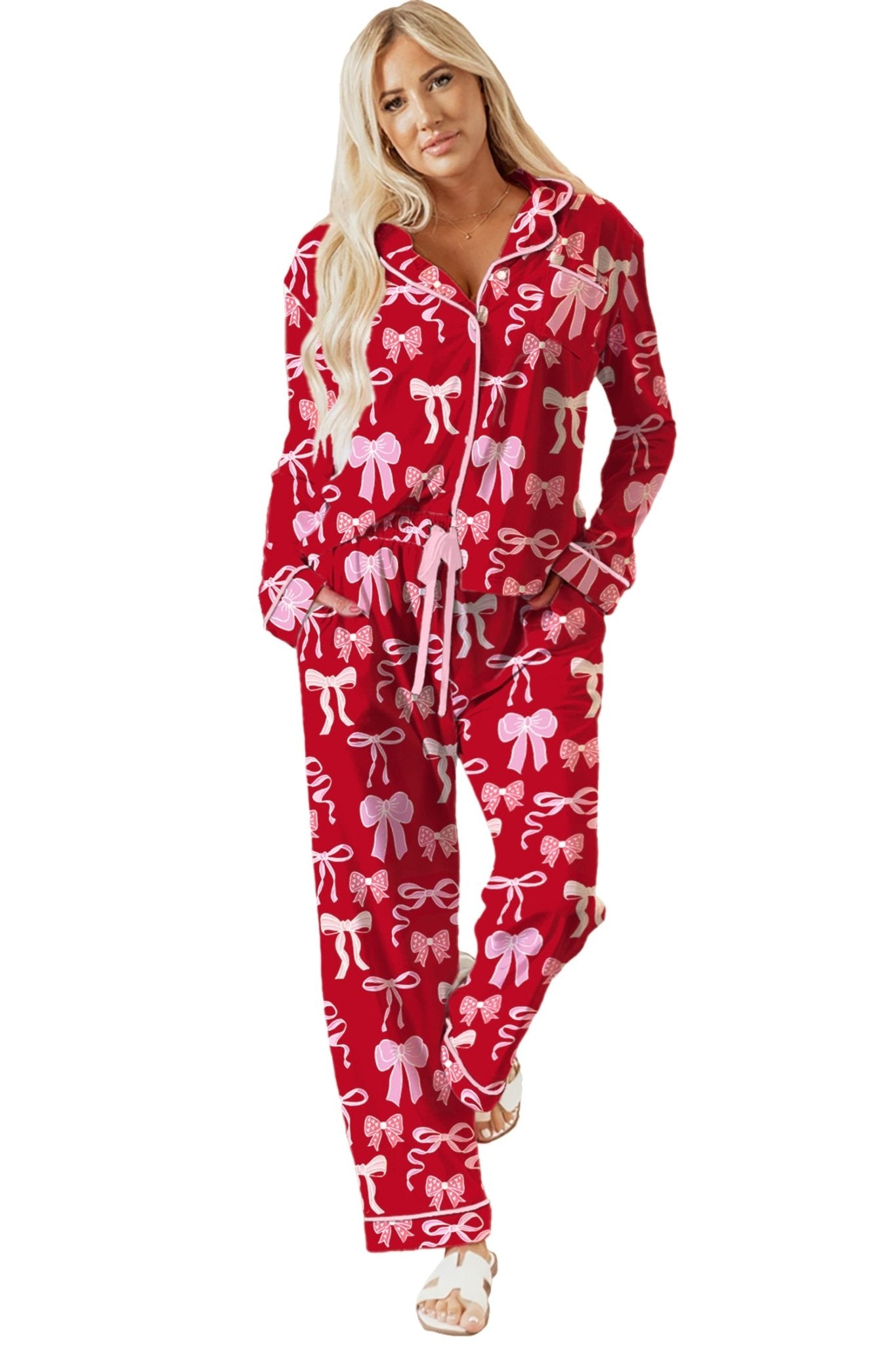 Red Sweet Bow Print Shirt Style Top Long 2pcs Pajama Set - Crowned Energy CO.