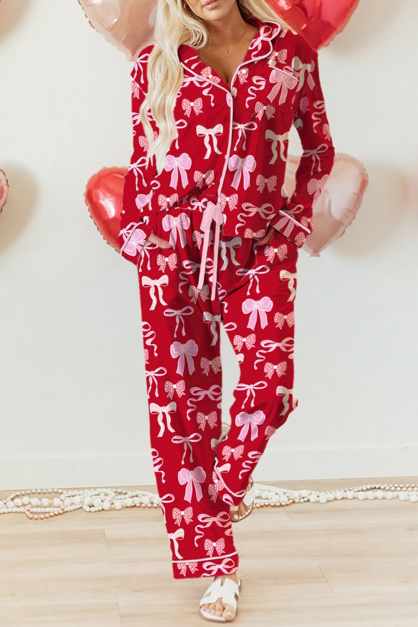 Red Sweet Bow Print Shirt Style Top Long 2pcs Pajama Set - Crowned Energy CO.