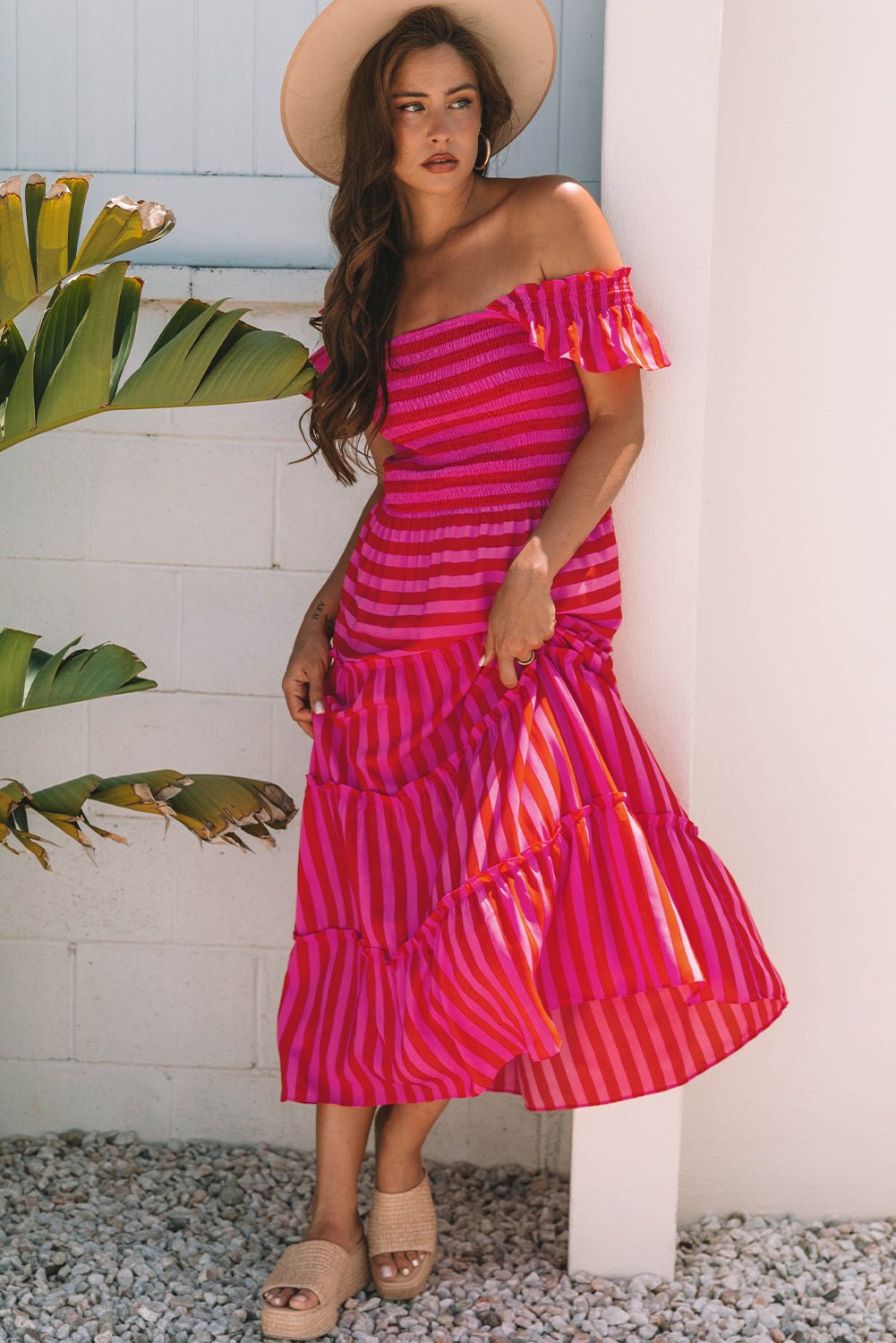 Rose Stripe Flutter Sleeve Smocked Bodice Tiered Maxi Dress - Crowned Energy CO.