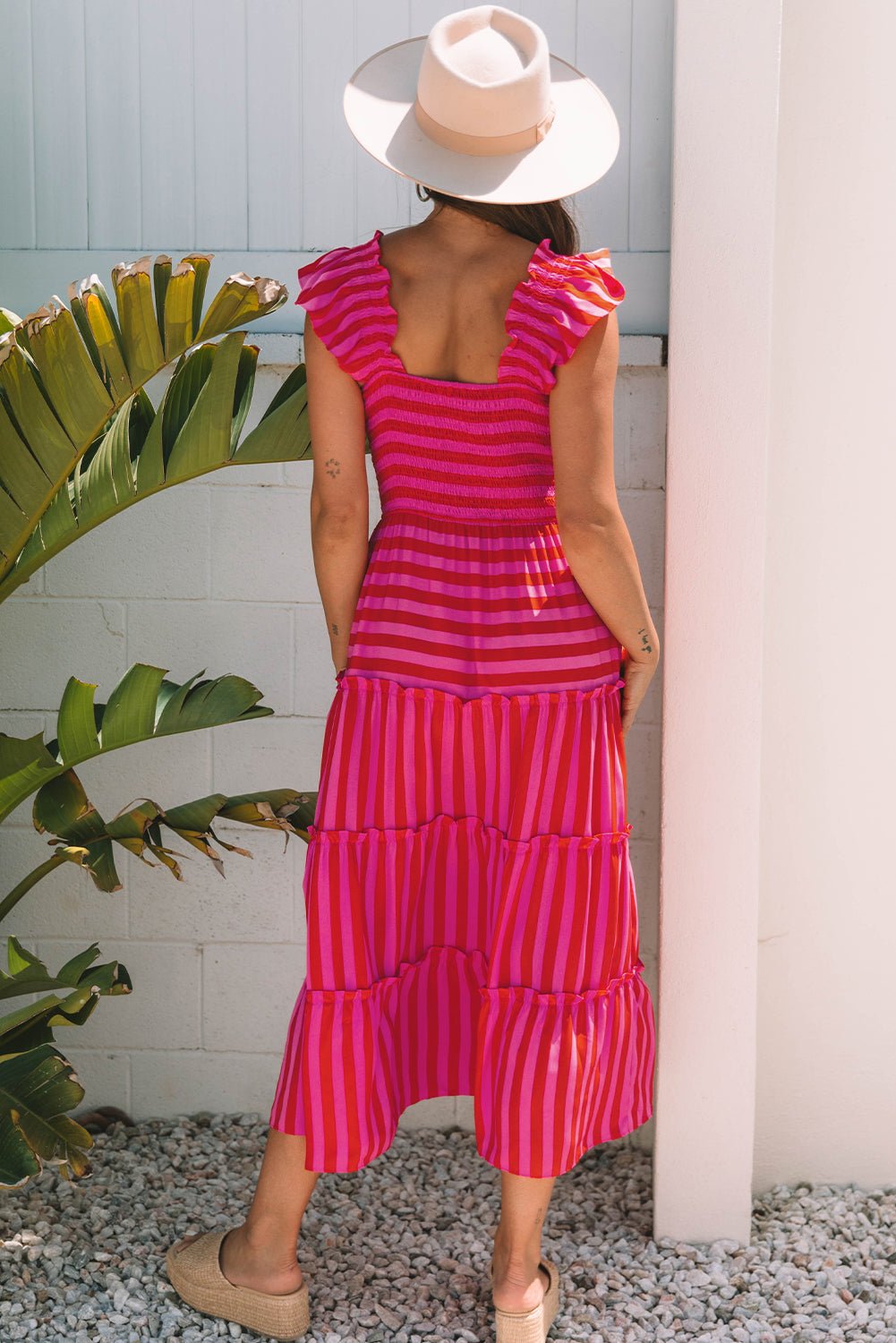 Rose Stripe Flutter Sleeve Smocked Bodice Tiered Maxi Dress - Crowned Energy CO.