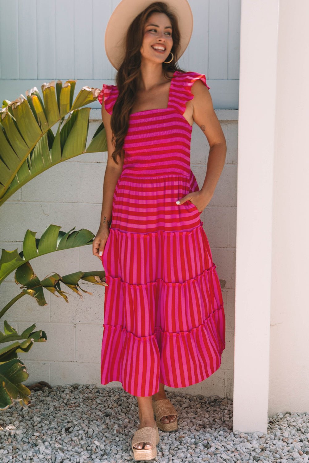 Rose Stripe Flutter Sleeve Smocked Bodice Tiered Maxi Dress - Crowned Energy CO.