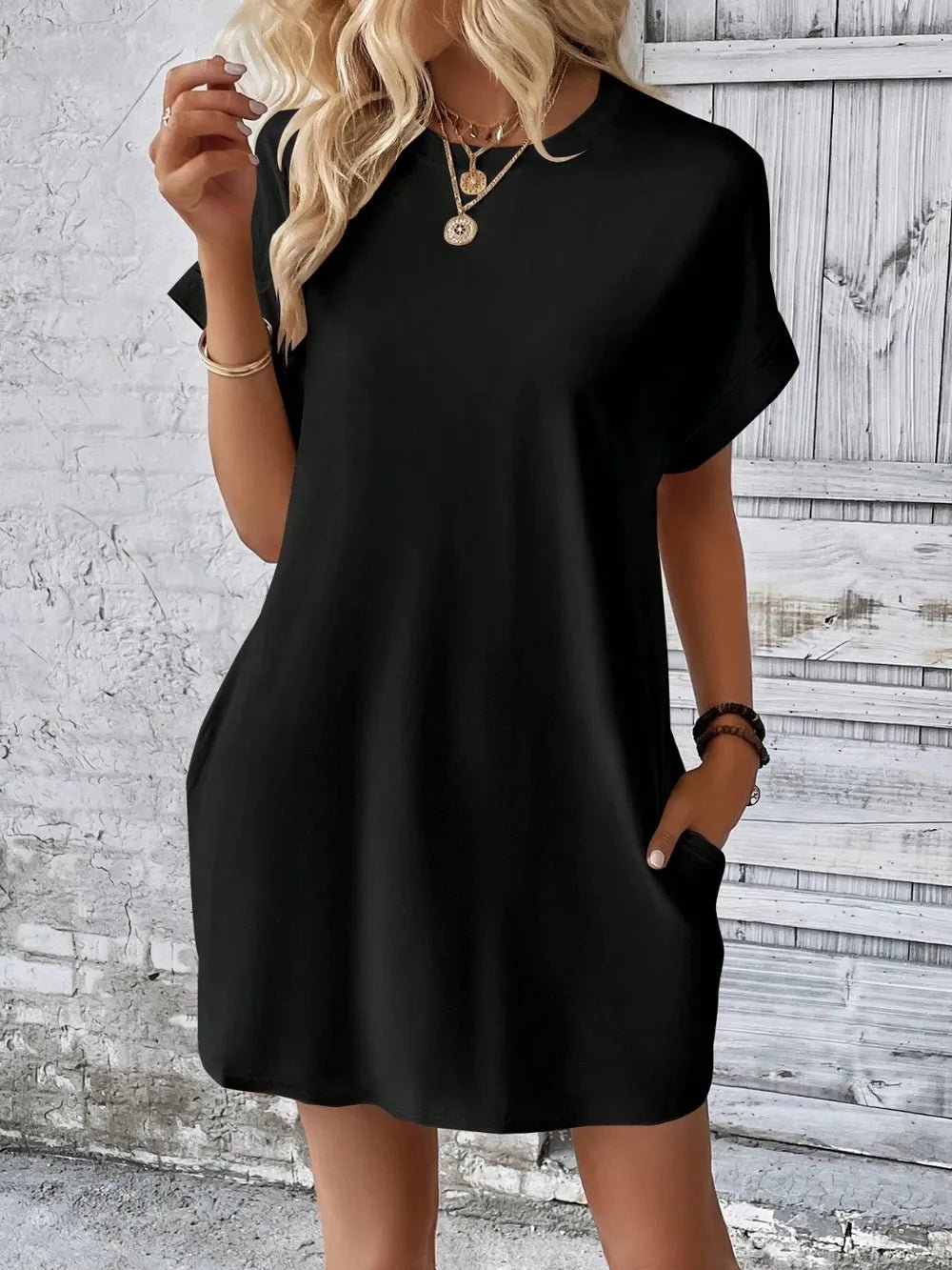 Round Neck Short Sleeve Mini Dress - Crowned Energy CO.