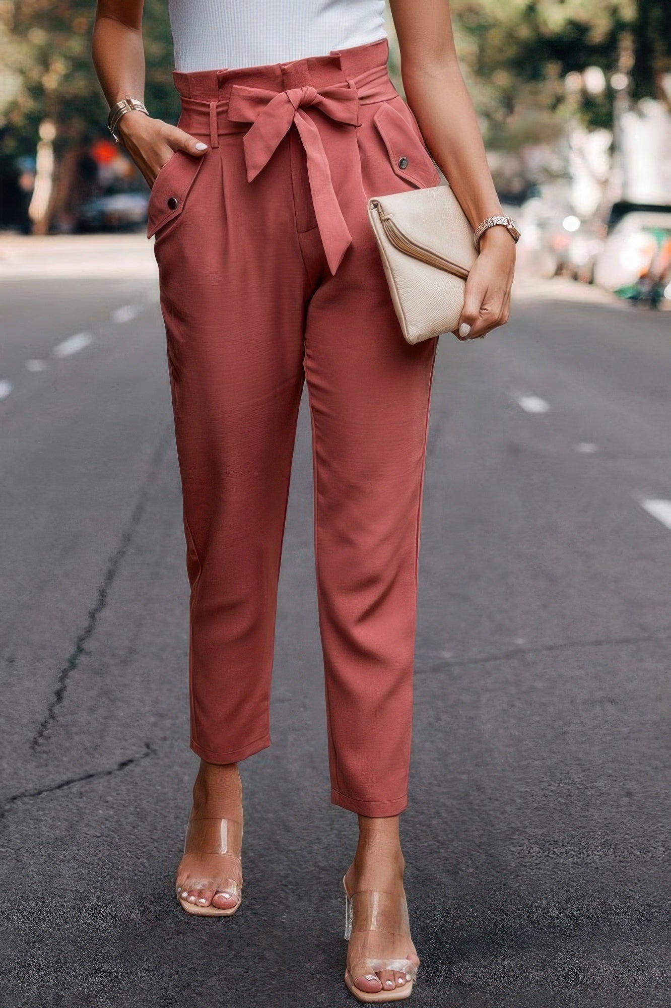 Ruffle Belt Pocket Solid Skinny Pants - Crowned Energy CO.