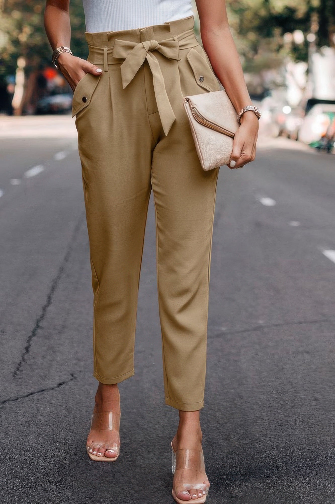 Ruffle Belt Pocket Solid Skinny Pants - Crowned Energy CO.