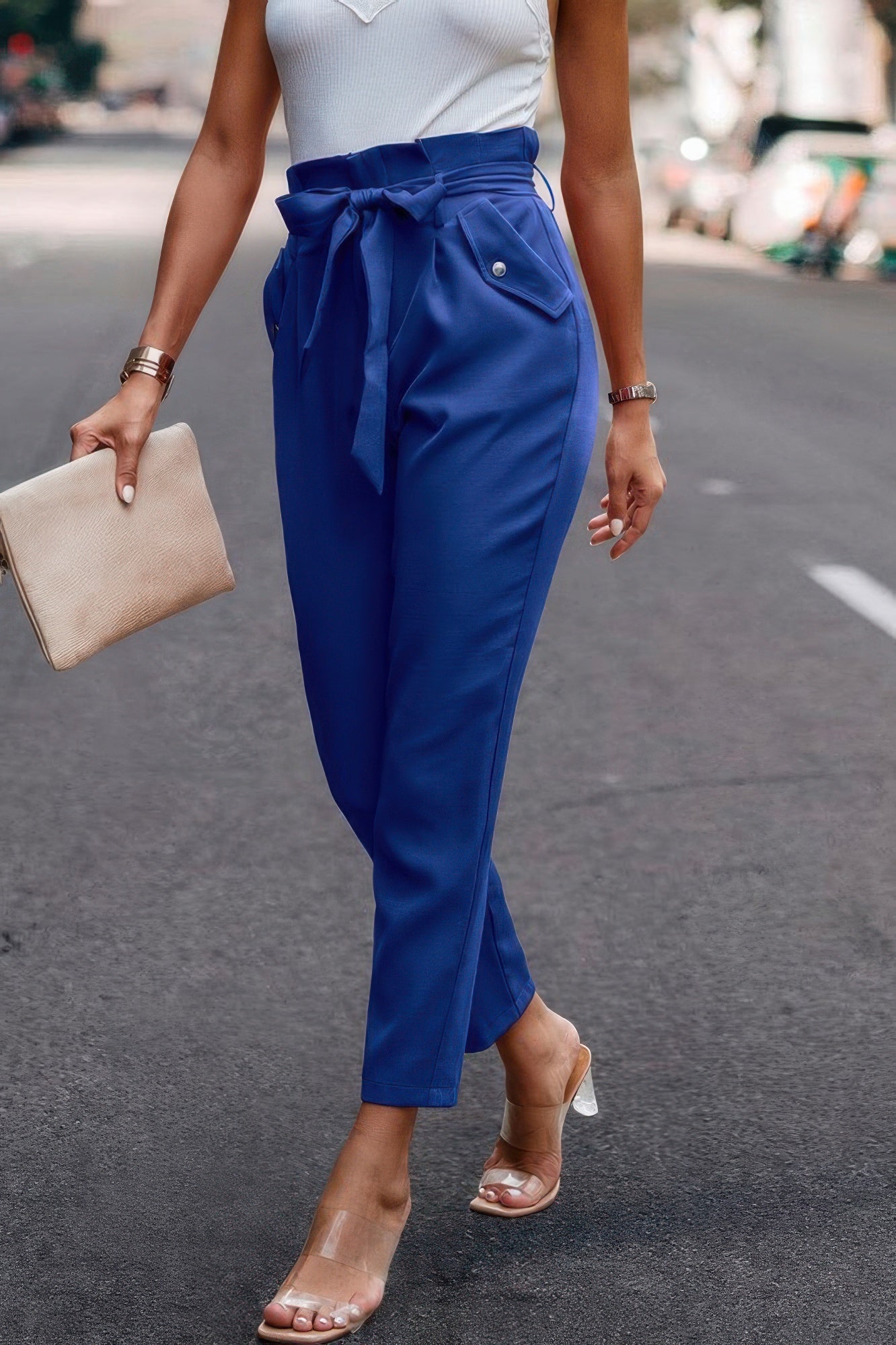 Ruffle Belt Pocket Solid Skinny Pants - Crowned Energy CO.
