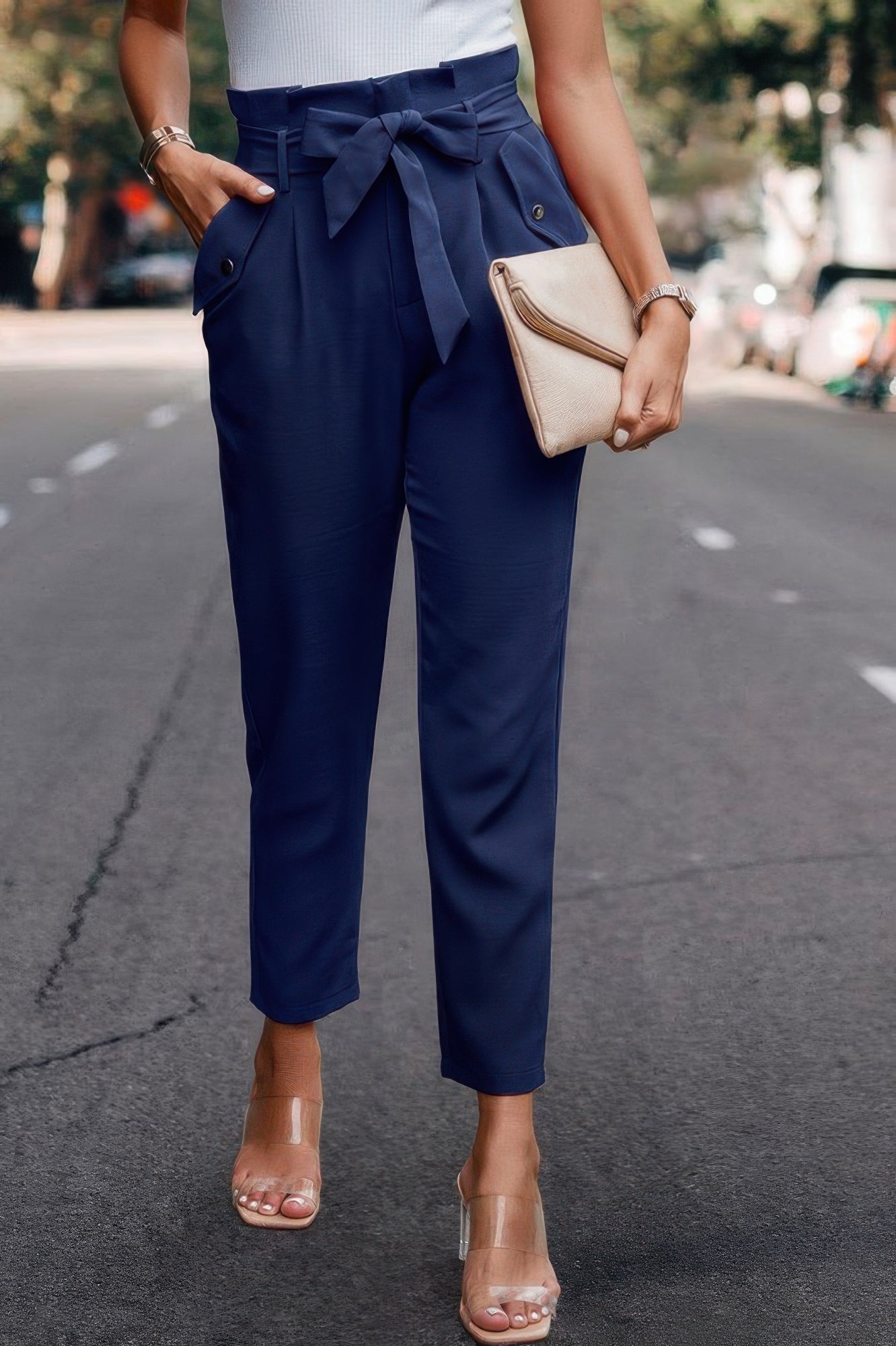 Ruffle Belt Pocket Solid Skinny Pants - Crowned Energy CO.
