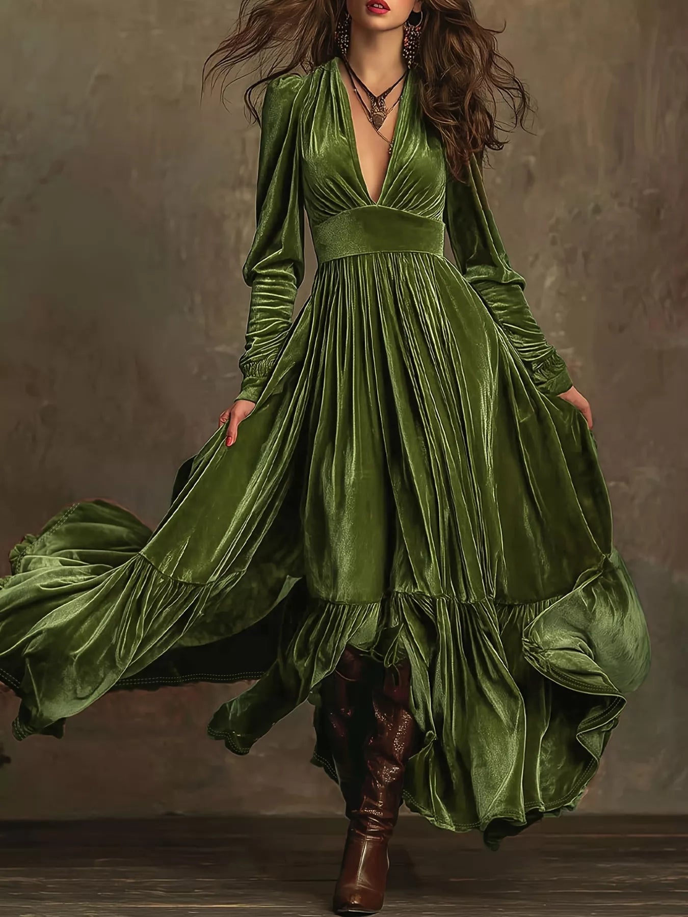 Ruffled Hem Long Sleeve Dress - Crowned Energy CO.