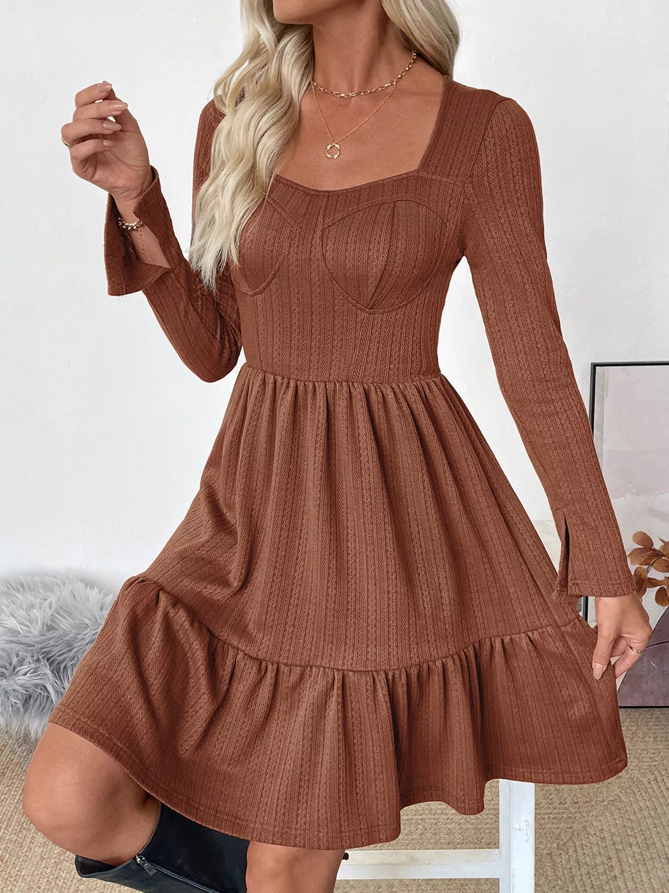 Ruffled Hem Long Sleeve Knit Dress - Crowned Energy CO.