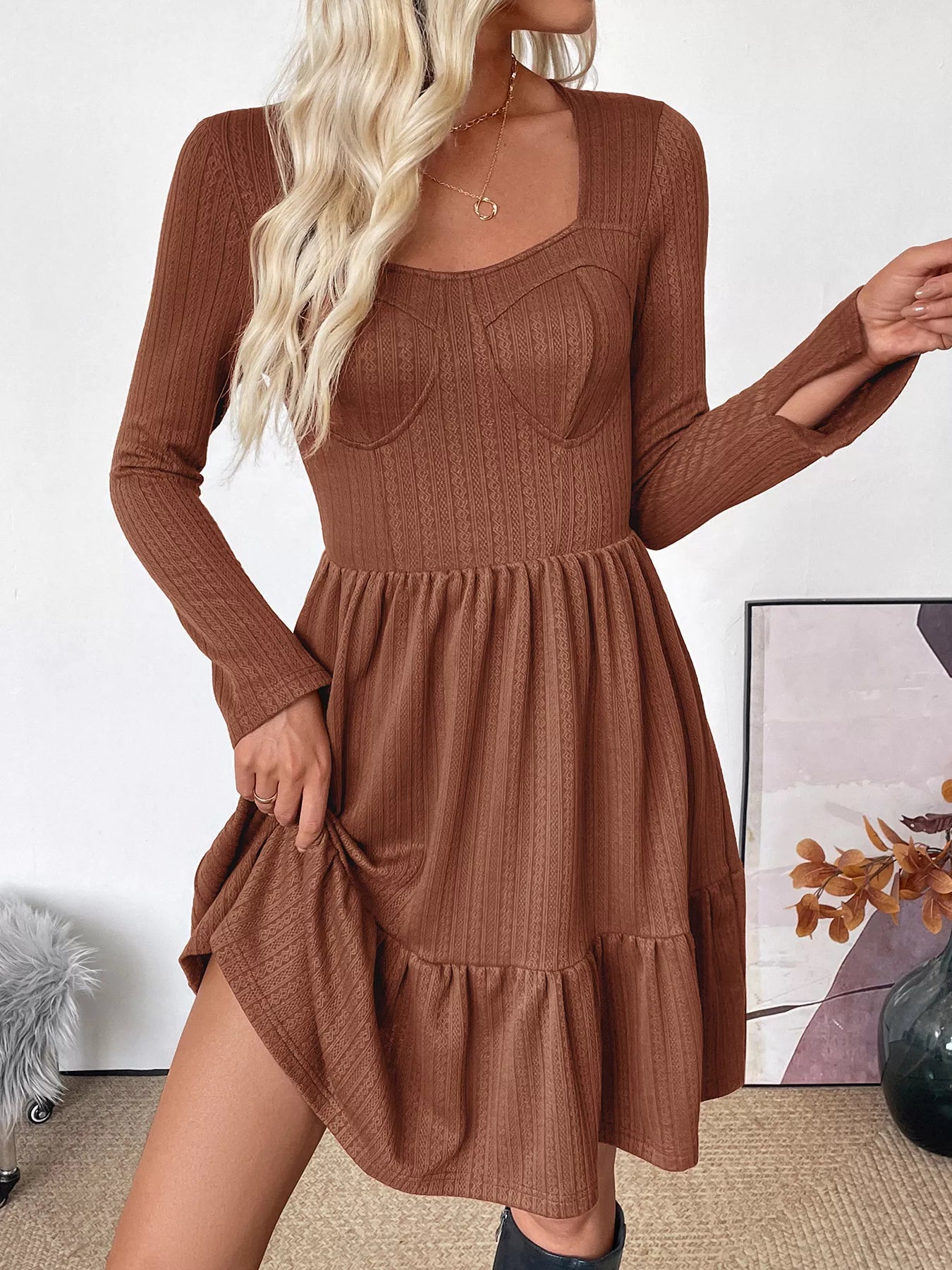 Ruffled Hem Long Sleeve Knit Dress - Crowned Energy CO.