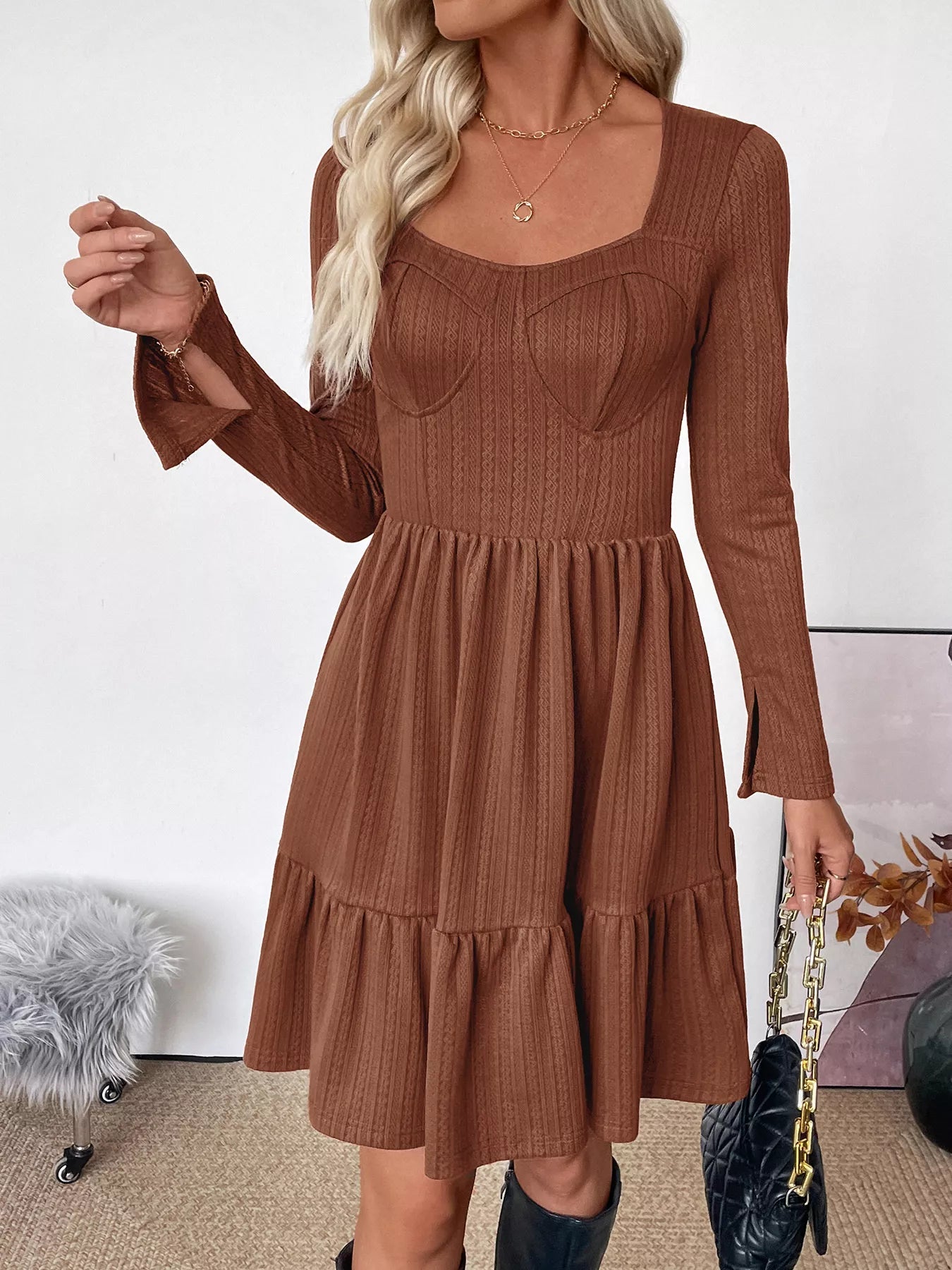 Ruffled Hem Long Sleeve Knit Dress - Crowned Energy CO.