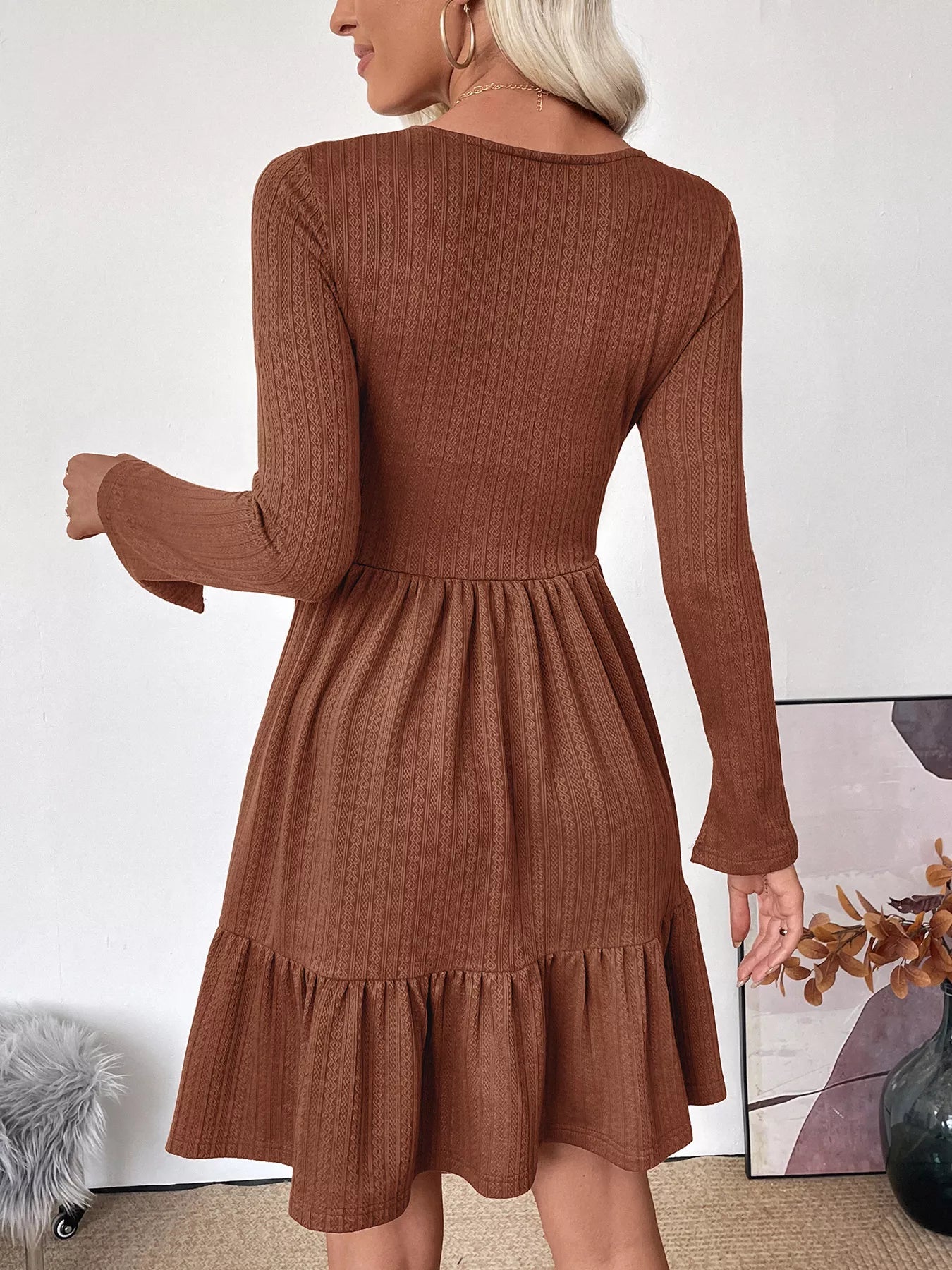 Ruffled Hem Long Sleeve Knit Dress - Crowned Energy CO.