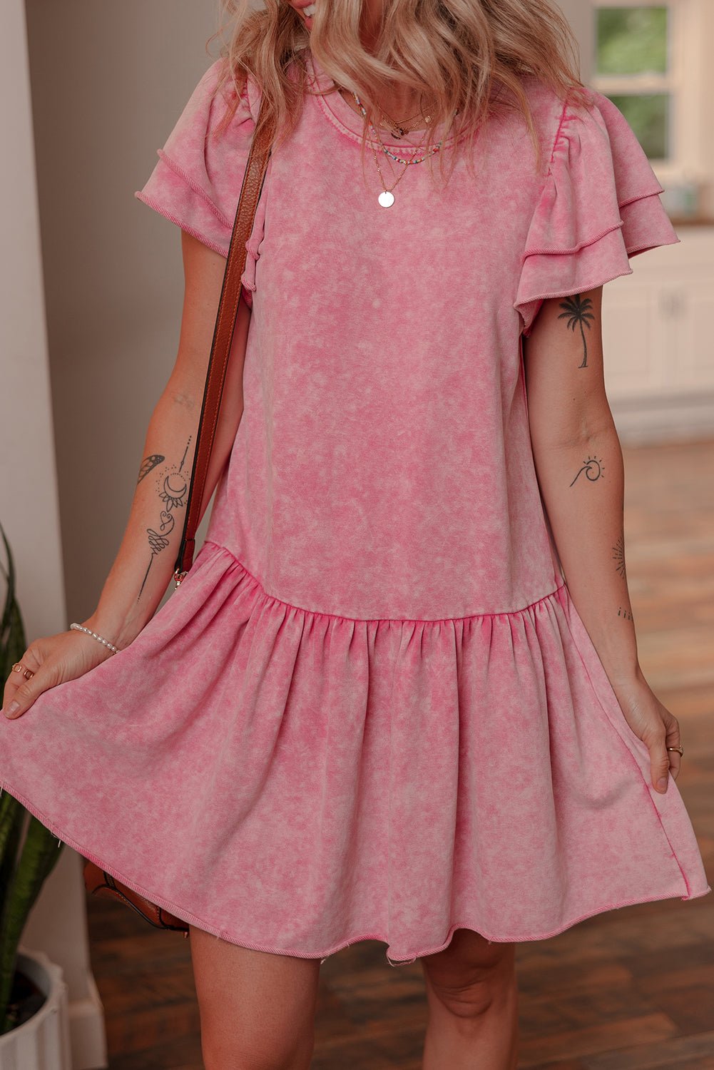 Sachet Pink Mineral Wash Raw Edge Ruffle Mini Dress - Crowned Energy CO.