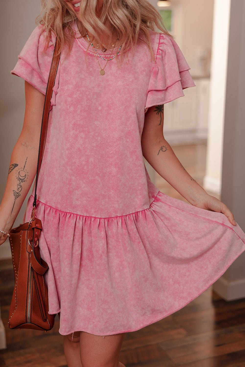 Sachet Pink Mineral Wash Raw Edge Ruffle Mini Dress - Crowned Energy CO.